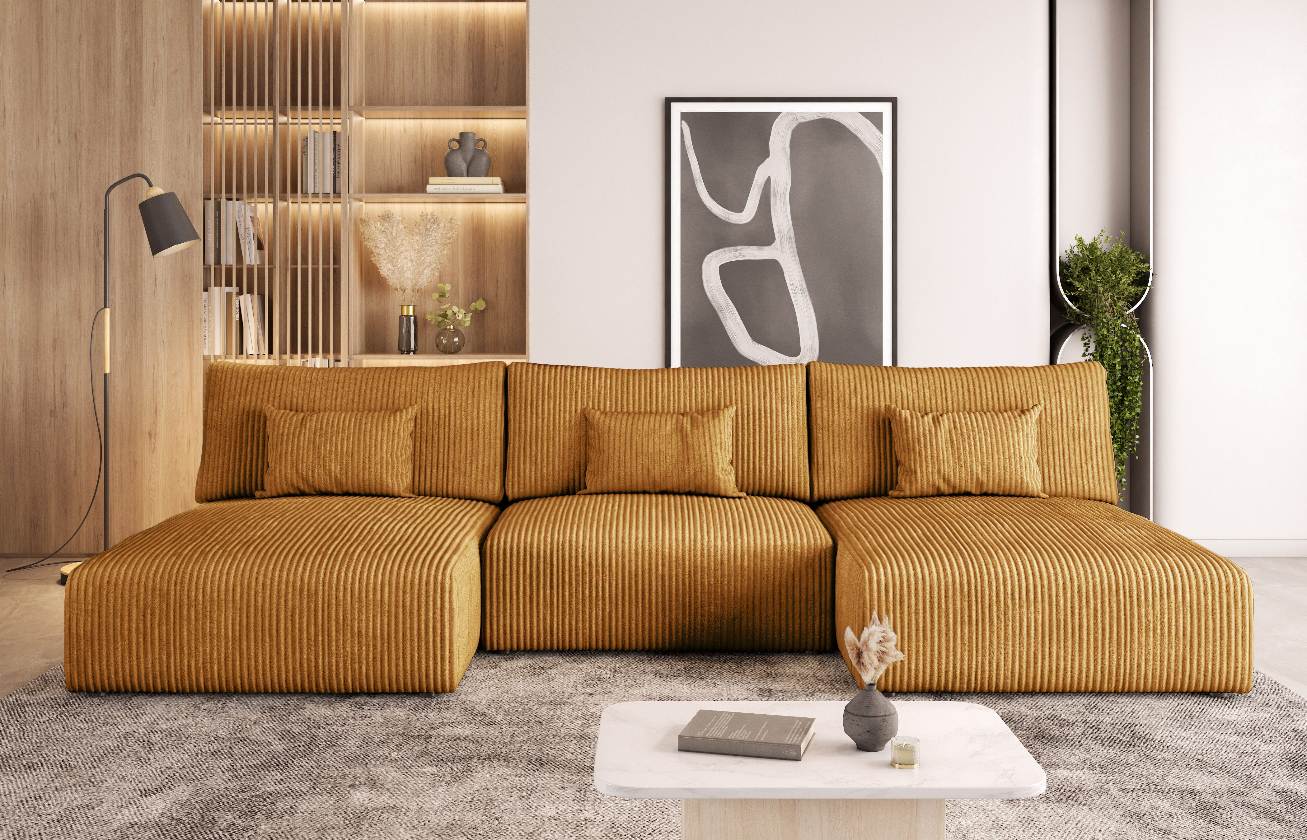 thematys Sofa Modulo U Wohnlandschaft 3 Teile als Schlafsofa für 4–5 Personen, U-Form, als Schlafsofa mit Bettkasten, Cordbezug aus Sztruksstoff Poso