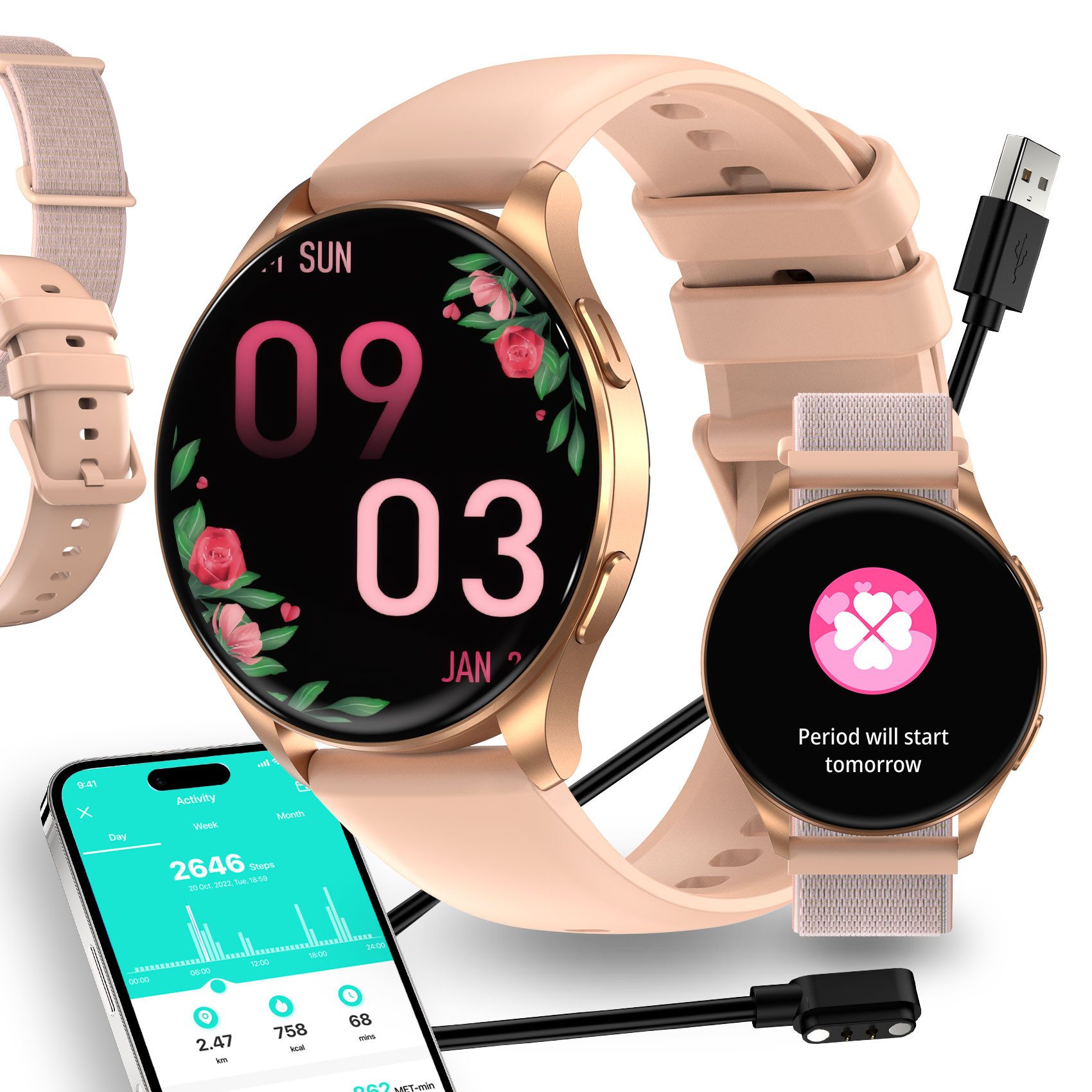 IOWODO Smartwatch Damen Herren Ultradünn, 5 Tage Akku,1,43" AMOLED, 2 Armband Smartwatch (1.43 Zoll, Android/IOS), 1-tlg., mit 120+ Sportmodi und Bluetooth-Anruf, WhatsApp Benachrichtigungen, SpO2,Herzfrequenz-und Schlafüberwachung,Schritten,Sprachassistent,IP68
