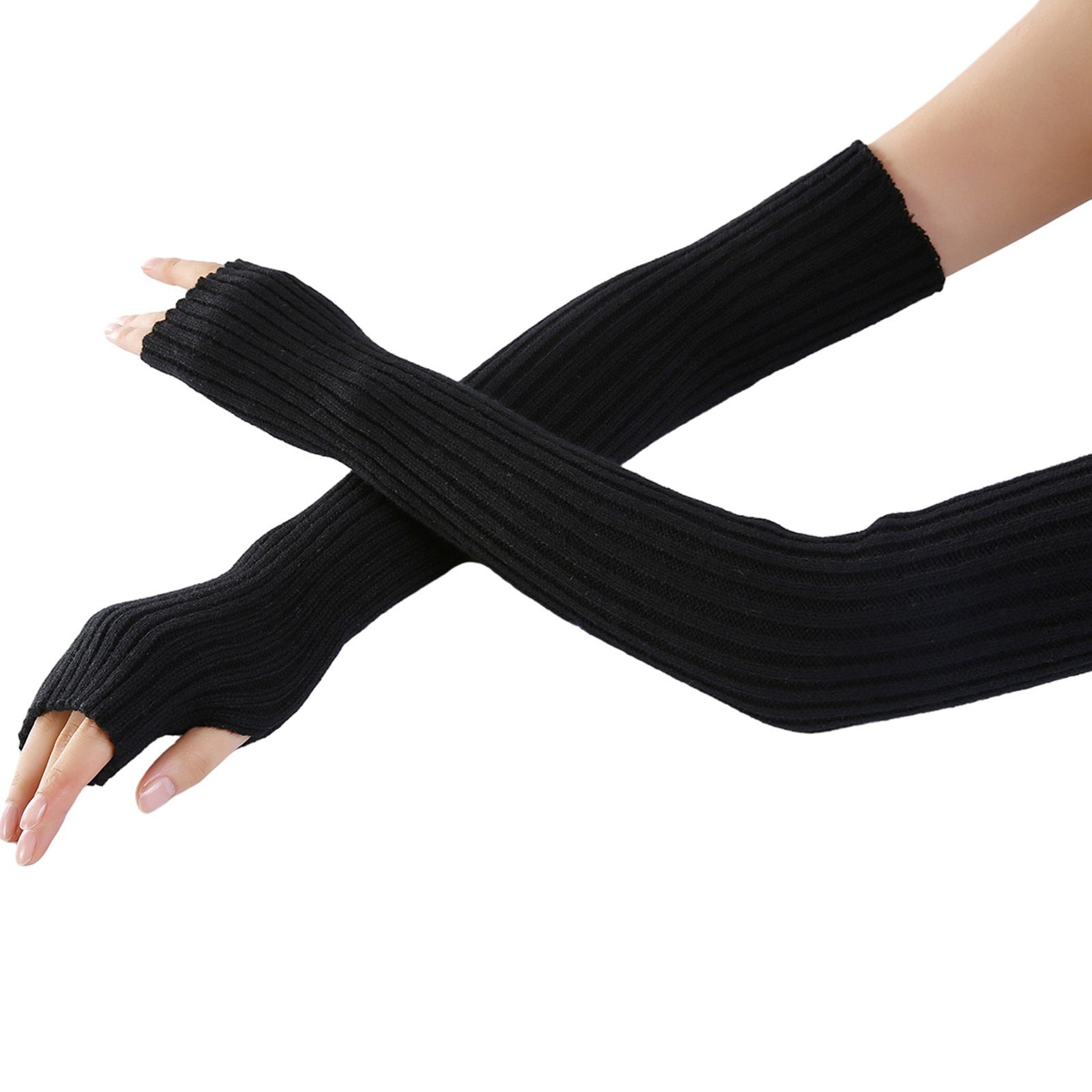 Blusmart Strickhandschuhe Winterhandschuhe Zum Warmhalten, Lange Fingerlose Handschuhe, Bequeme Strickhandschuhe Schwarz