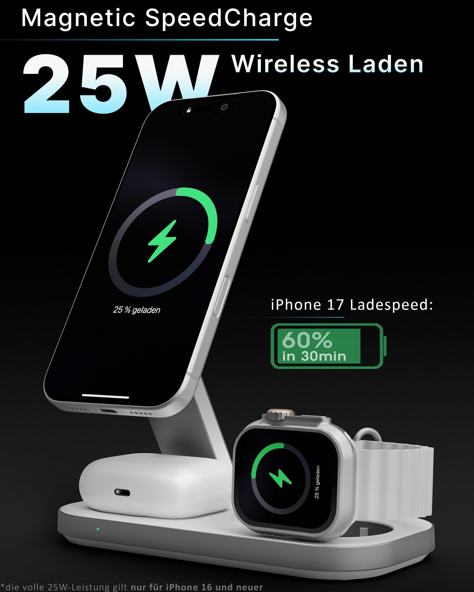 GreenHec Ladestation 25w Apple Watch iPhone 18 17 3in1 MagSafe Wireless Charger Wireless Charger (3000 mA, Spar-Set, 3in1 PowerBase + USB-C Kabel + 35w Ladegerä – Bild 2 von 5