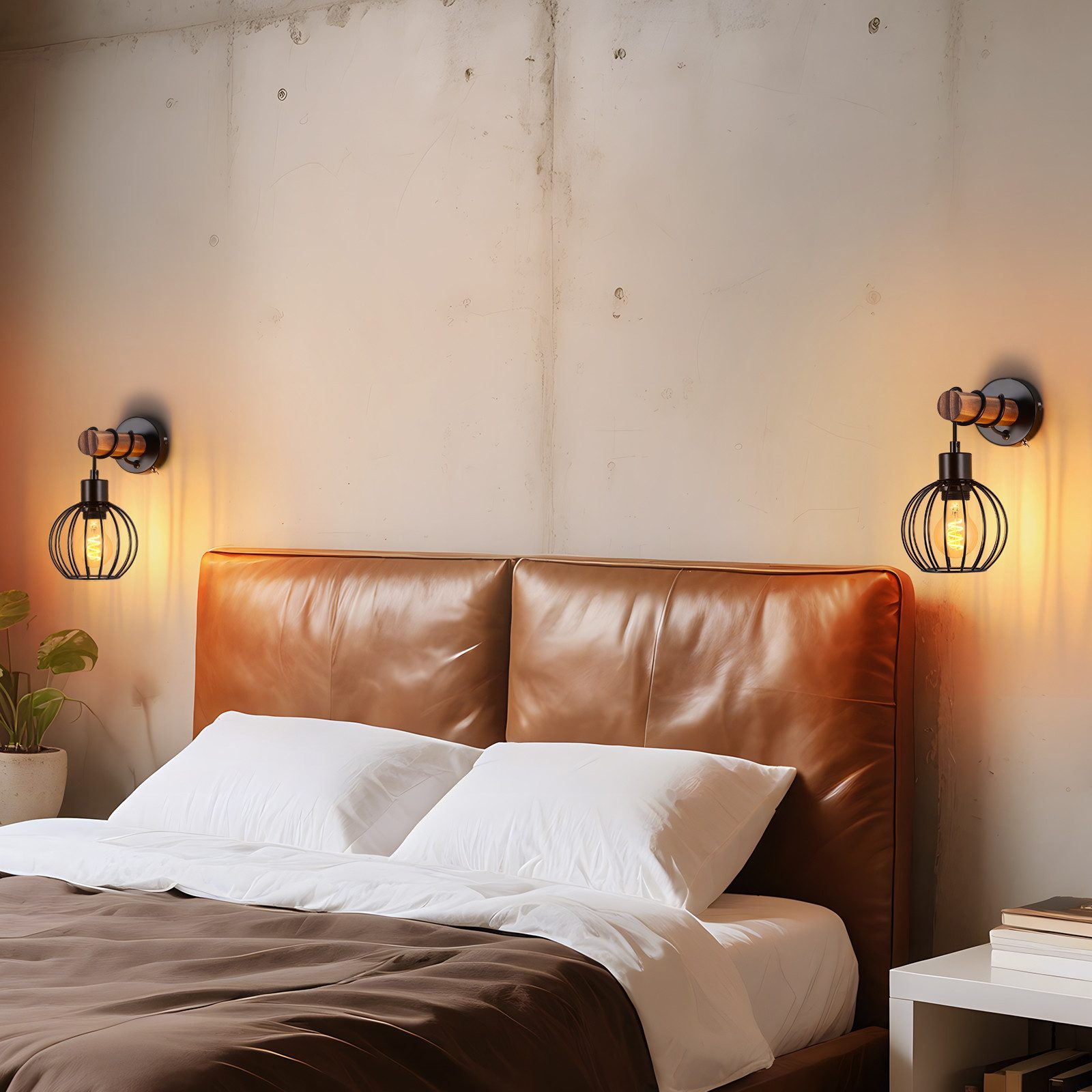 ZMH Wandleuchte Retro Wandleuchte Holz Innen Wandlampe Vintage mit Schalter E27, LED wechselbar, Schwarz Metall Wandspot Rustikal für Schlafzimmer