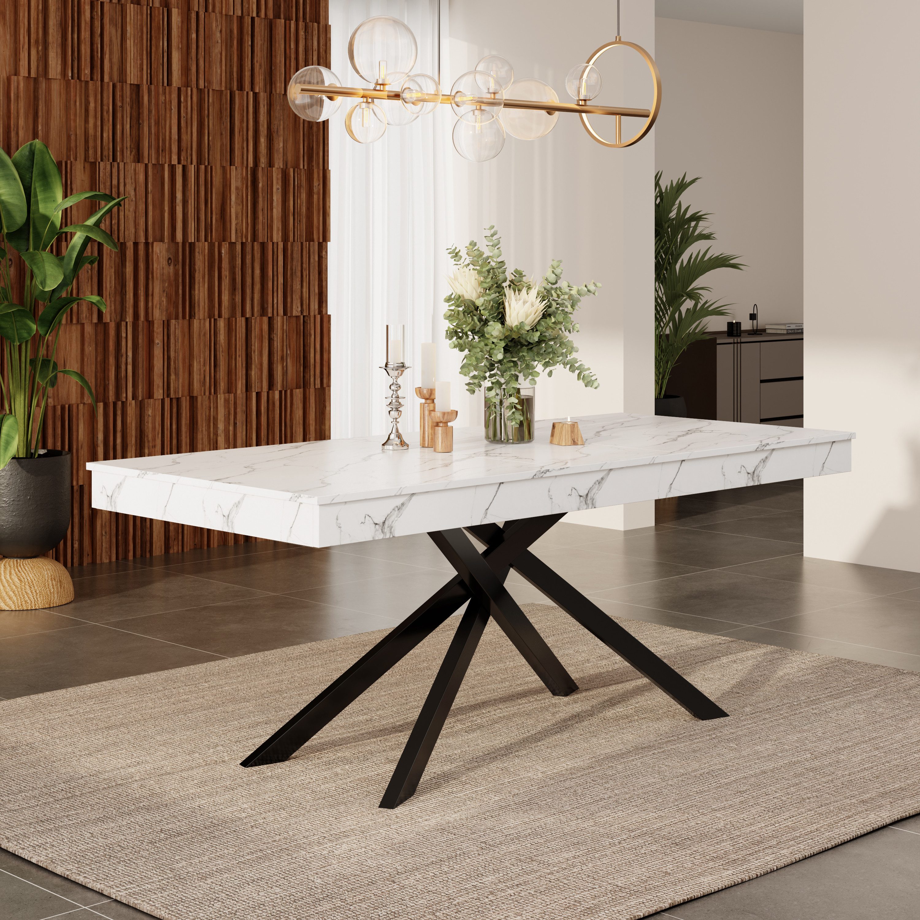 Flieks Esstisch ausziehbarer Küchentisch (1-St., Tischplattelänge 140-180cm, dicke Tischplattenhöhe 9,3 cm), erweiterbarer Tisch rechteckig Schreibtisch Bürotisch Marmoroptik Weiß