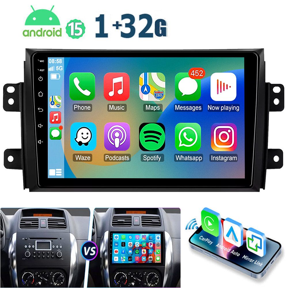 ESSGOO 9'' Autoradio Android 15 für Suzuki SX4 2006–13 CarPlay GPS Navi WIFI Autoradio (RDS, 4+64GB(optional), FM, AM, DAB+ (optional), Android Auto Apple Carplay,Bluetooth,USB,WIFI)
