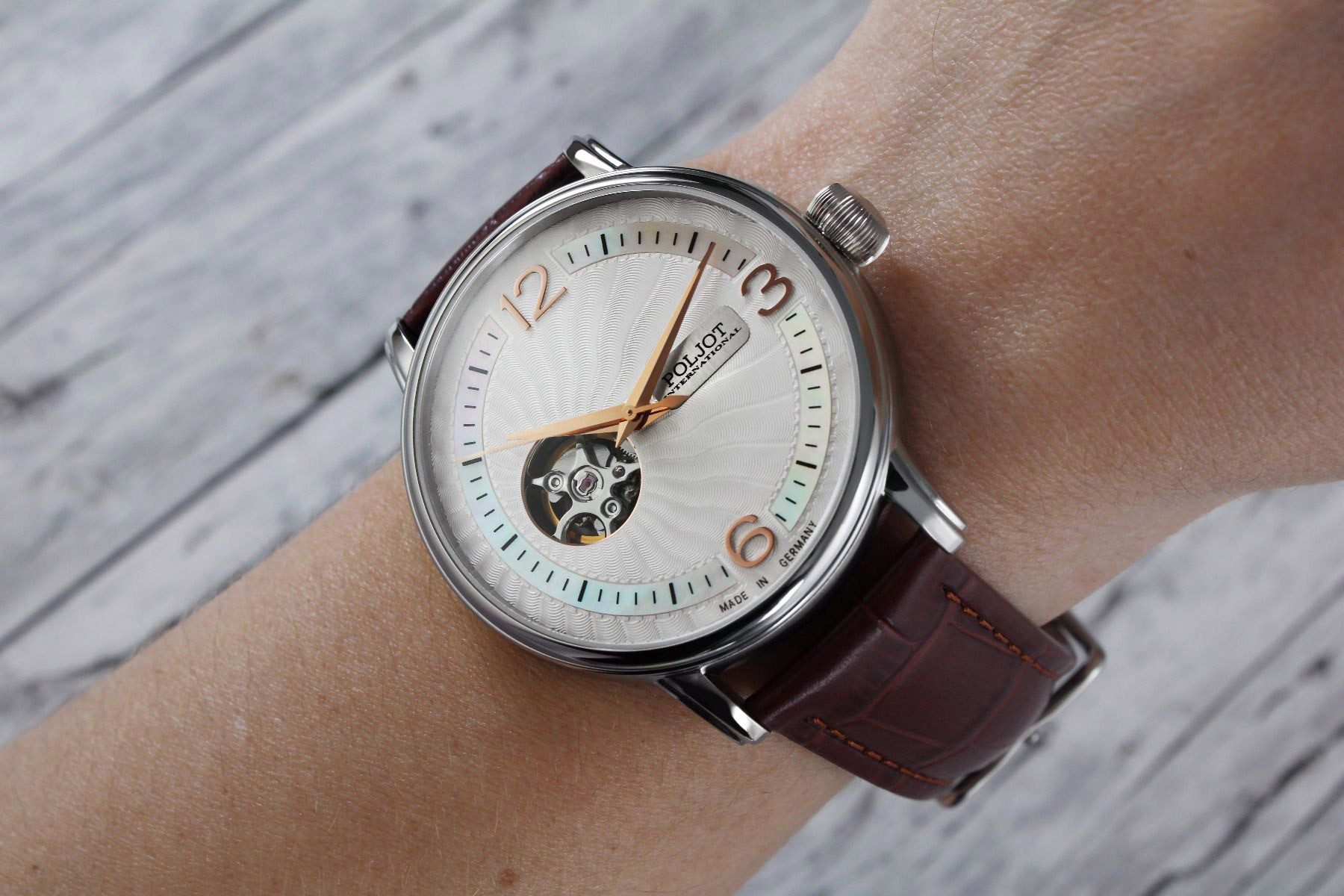 Poljot International Automatikuhr 38NH.4280811, Herrenuhr Automatik Jaros Open Heart Braun