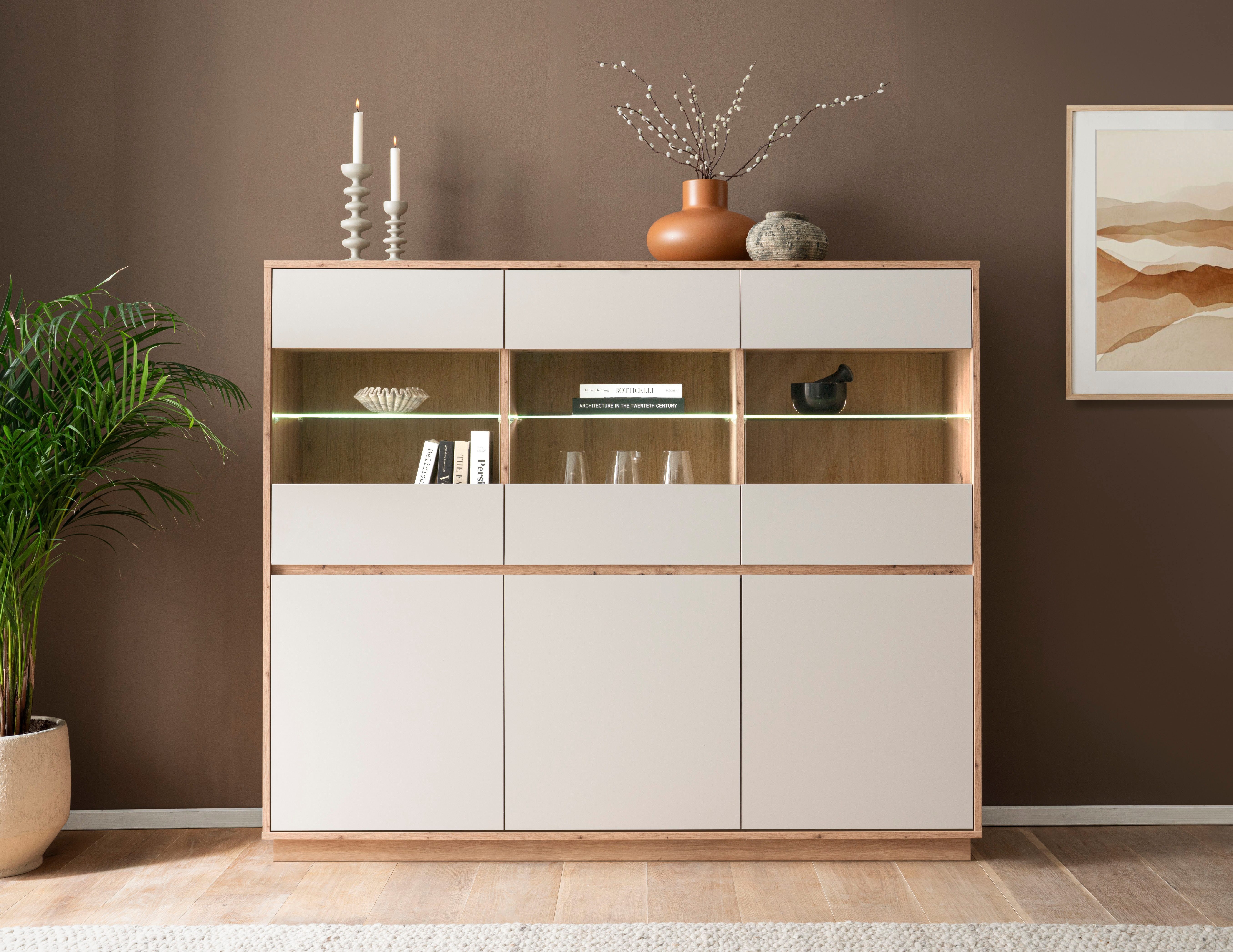 Home affaire Highboard Sonora, moderner Schrank, Stauraumelement in Eiche Artisan, Kommode, filigrane Rahmenoptik, ausreichend Stauraum, vielseitig einsetzbar