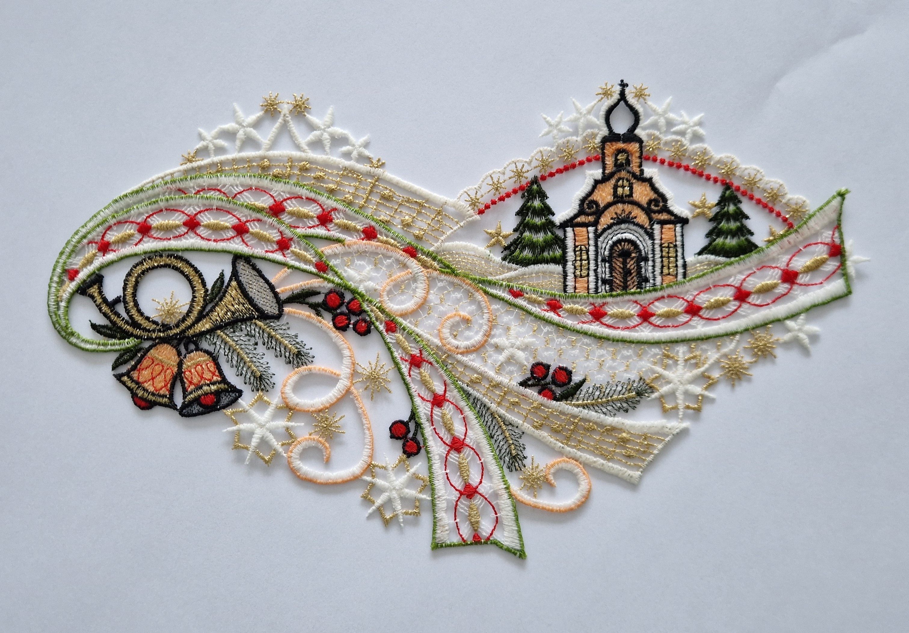Stickereien Plauen Fensterbild Fensterbild Kirche mit Glocken, echte Plauener Stickerei