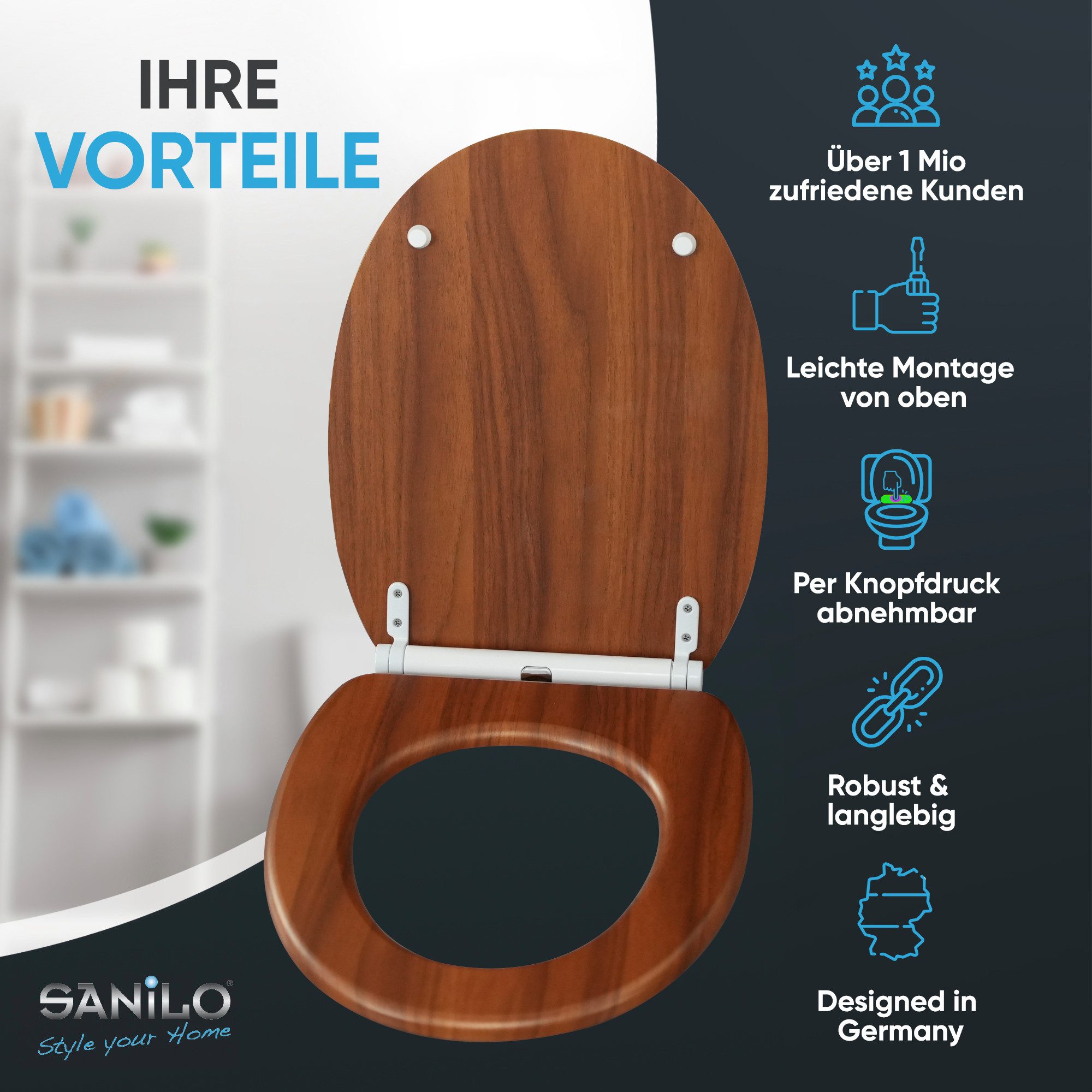 Sanilo WC-Sitz Mahagoni mit Absenkautomatik & Quick Release, Premium Toilettendeckel, abnehmbar, leichte Montage von oben