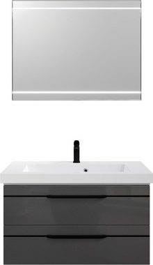 Saphir Badmöbel-Set Balto 2-teilig Mineralmarmor-Waschtisch mit LED-Spiegel, Waschplatz, (2-St), 92 cm breit, mit 2 Schubladen, Badschrank inkl. Schubladendämpfer