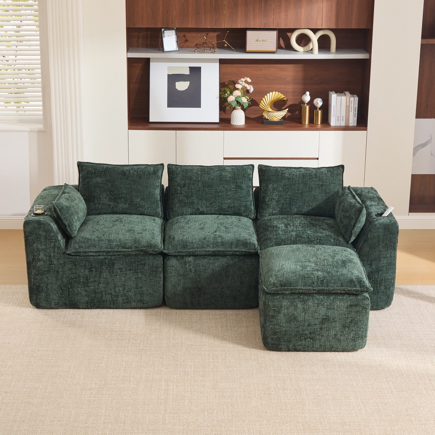 ANYSUN 3-Sitzer Modulares Sofa,Ecksofa,3-Sitzer-Sofa + Fußhocker, inklusive Kissen, Getränkehalter und 2 Seitentaschen. Mit einer Füllung aus Schaumstoff und Federkern., schnell rückfedernd. Frei kombinierbar – ideal für Wohnzimmer u.ä.