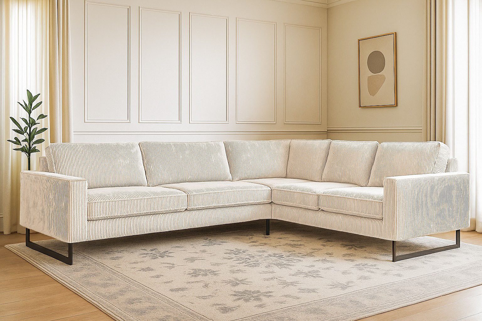Places of Style Ecksofa Pinto, XXL, 250/290 cm, langer Schenkel, Ottomane, Cord, Chenille, Lederoptik, mit Keder, Metallfüße, Wellenunterfederung