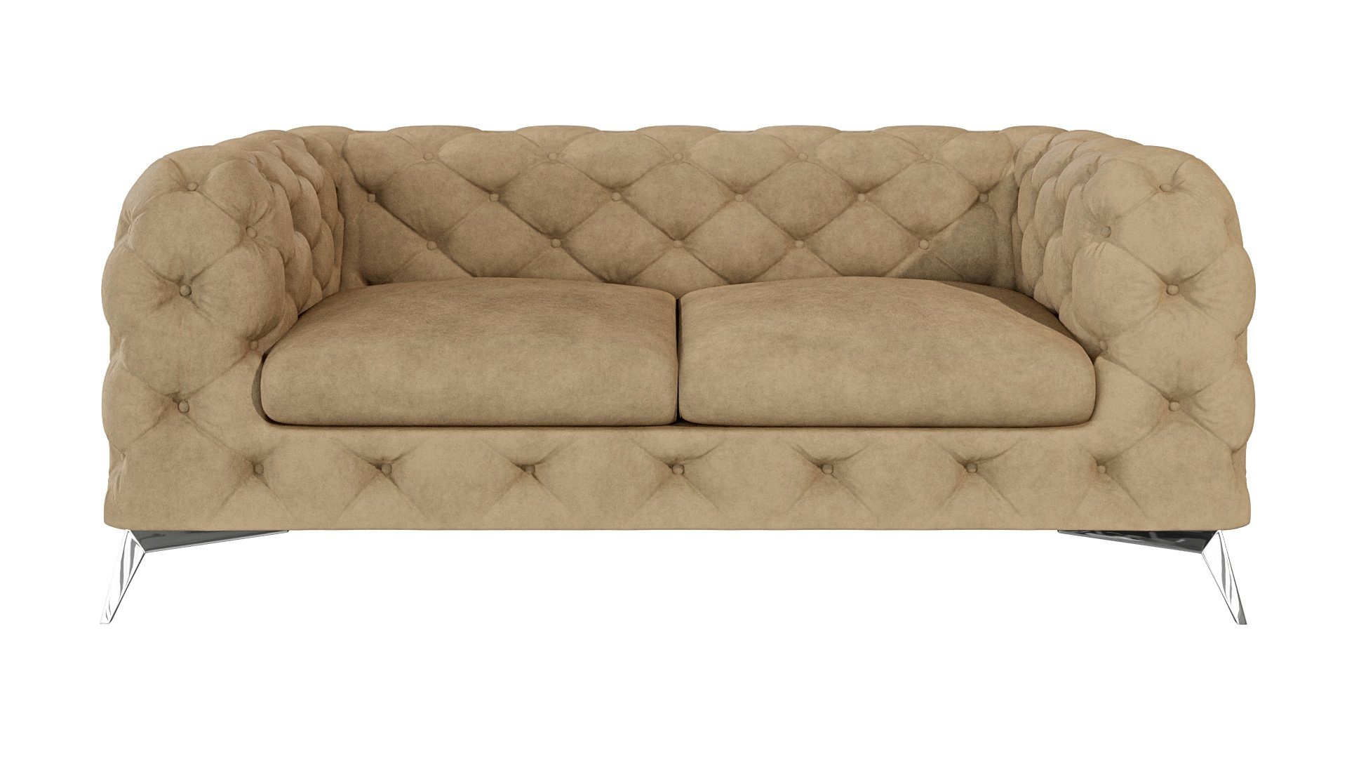 Füßen, mit Chesterfield Metall Beige Möbel Silber Sofa S-Style Wellenfederung 2-Sitzer mit Kalina