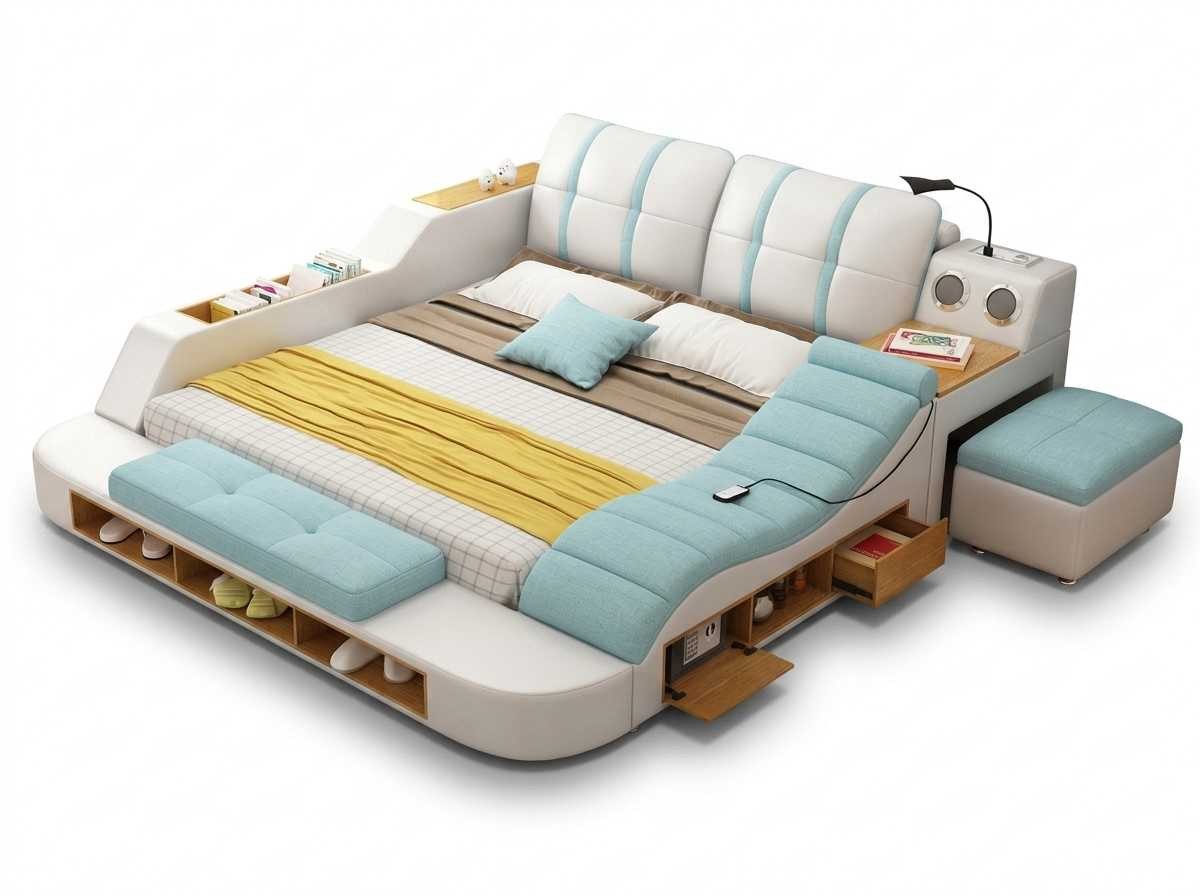 JVmoebel Polsterbett Moderndes weißes Bett mit blauem Akzent für Schlafzimmer, Made in Europa