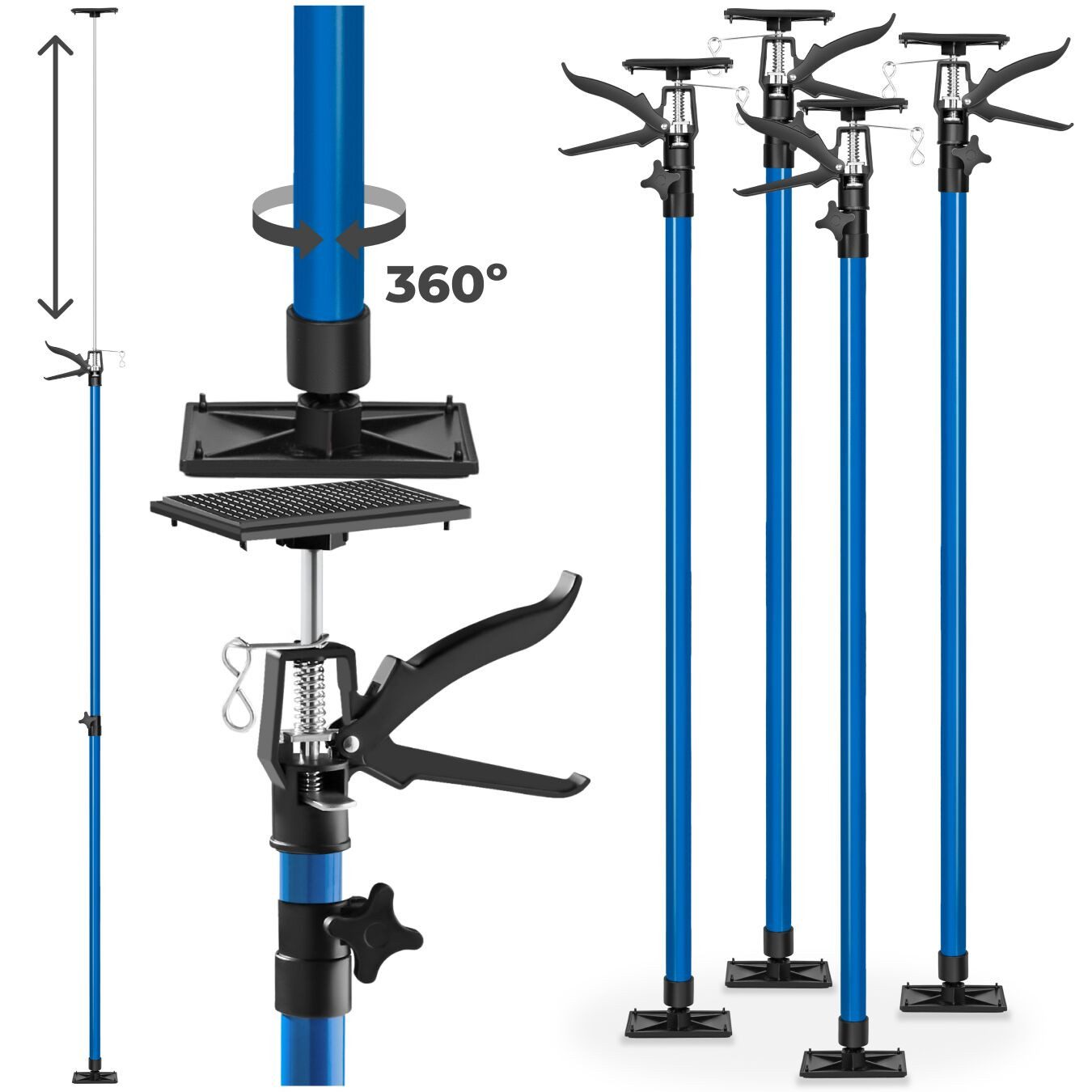 tectake Montageklemme 4er-Set Teleskopstütze, rutschfeste Auflageplatten mit Kugelgelenk, B: 7,00 cm, L: 18,00 cm, (Deckenstütze, in blau), Mit Schnellspannsystem, 115 – 290 cm, Belastbarkeit 30 kg je Stütze