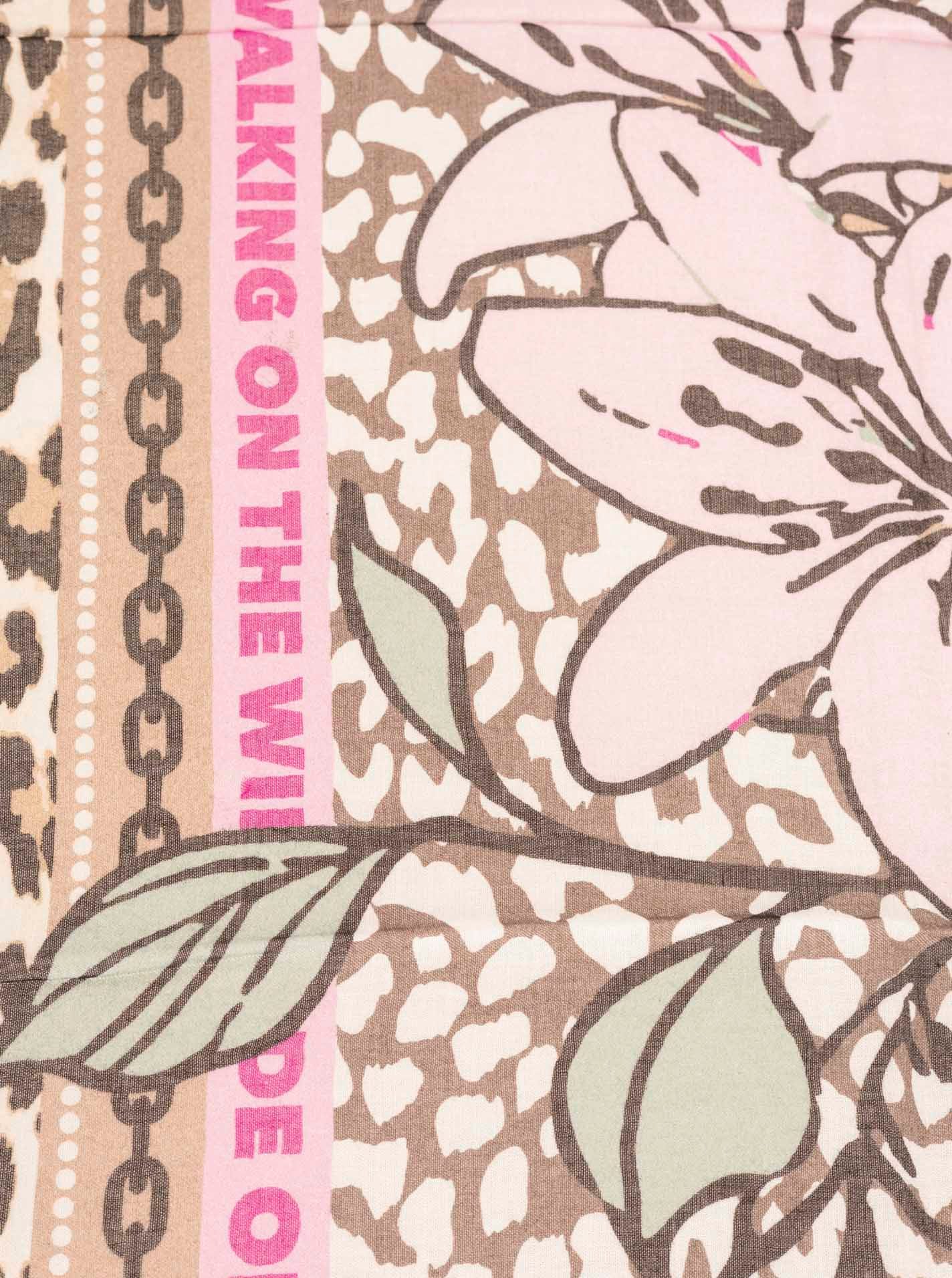 Zwillingsherz Modetuch "Wild Side of Life", Mustermix: Leopard und Blüten, Fransenabschlüsse rundum