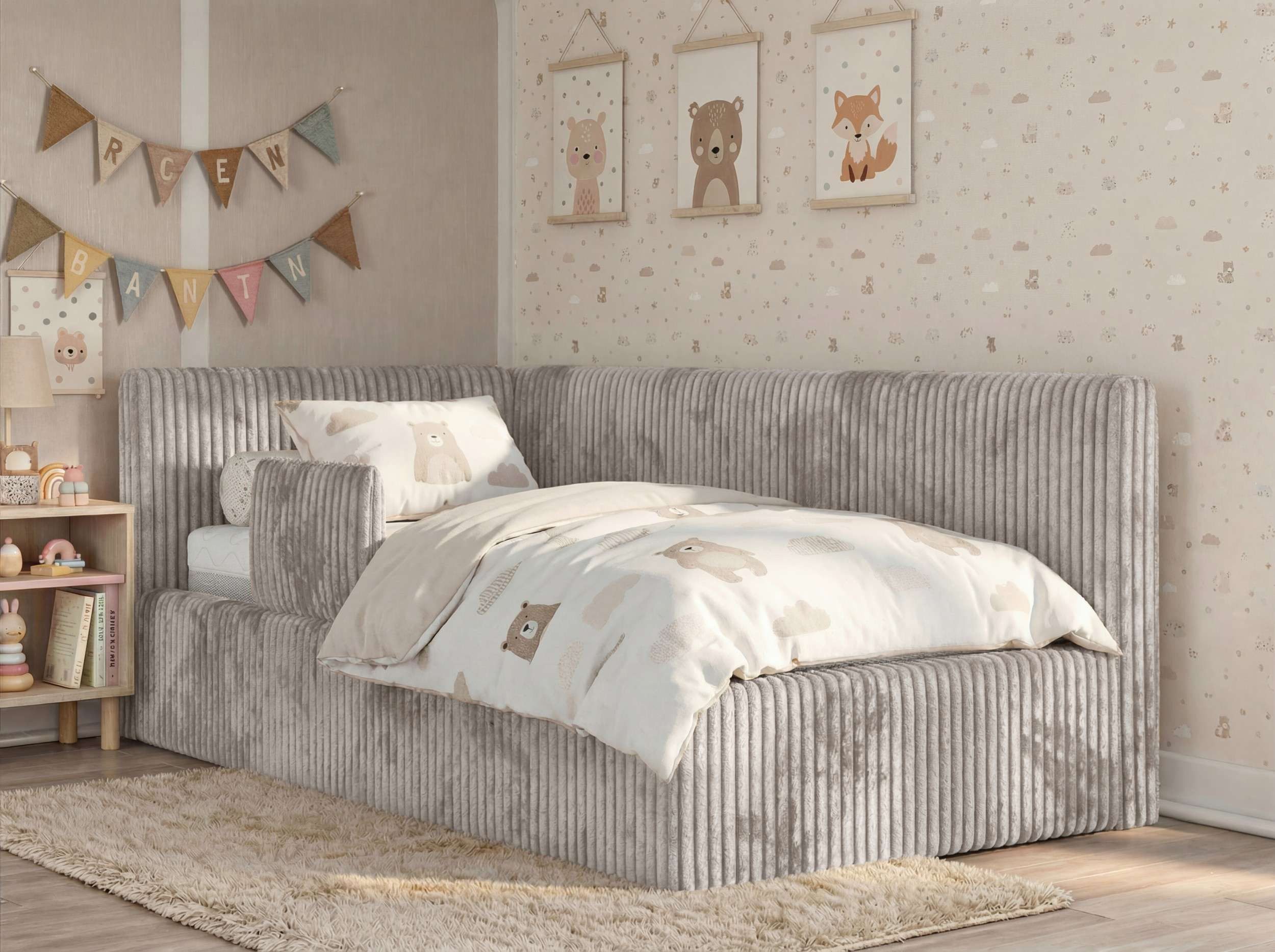 MKS MÖBEL Kinderbett TILVO ALTA (Set, Cordstoff Bett, inkl. Lattenrost, Bettkasten, Sicherheitsbarriere & Kopfteil), Eckbett mit Stauraum, Rausfallschutz & Gasdruckfedern