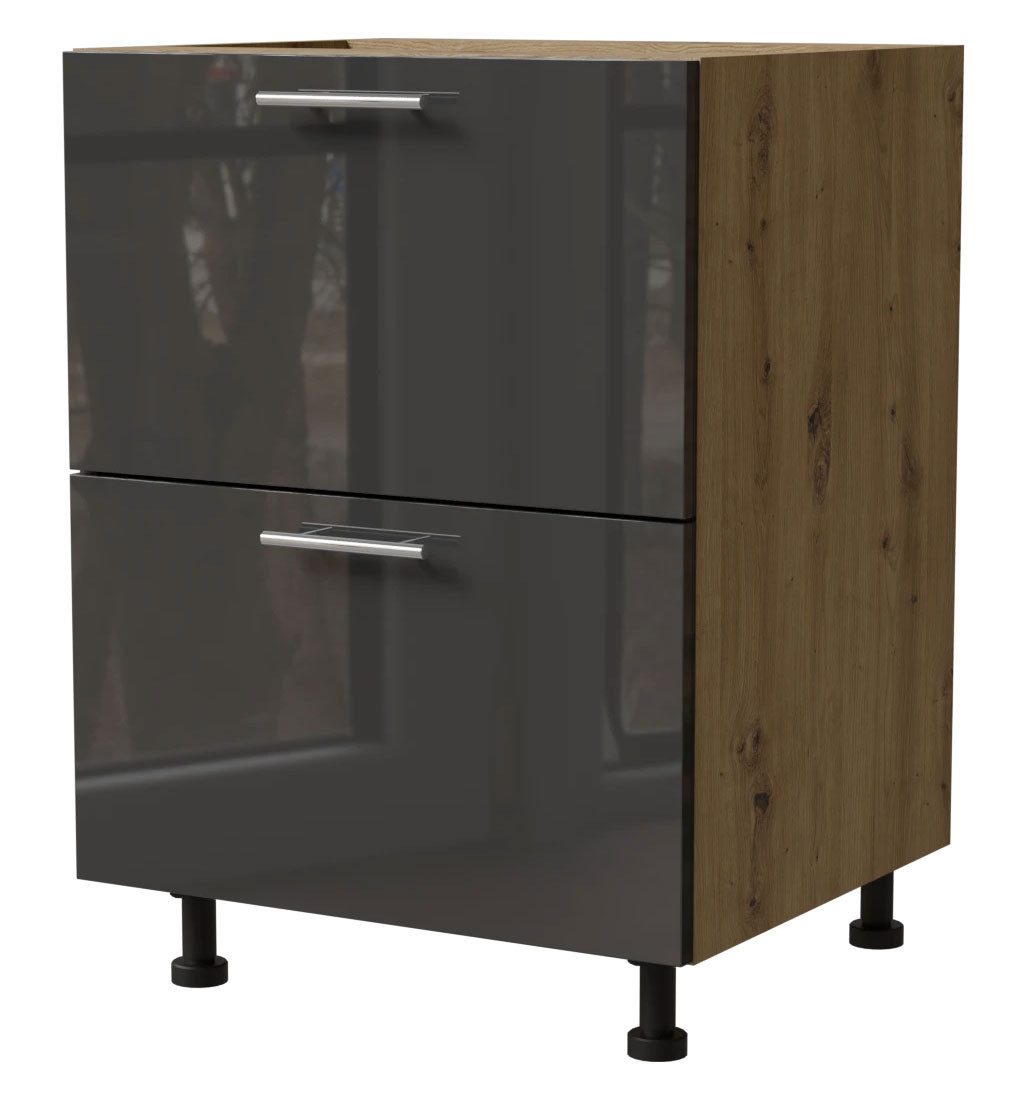 Feldmann-Wohnen Unterschrank Essen (D2M/60, 2 Schubladen, Blum Metabox Teilauszug, 1-St., moderne Optik, lackierte Fronten) 60x50x82cm Eiche Artisan - graphit Hochglanz (ES-D2M/60)