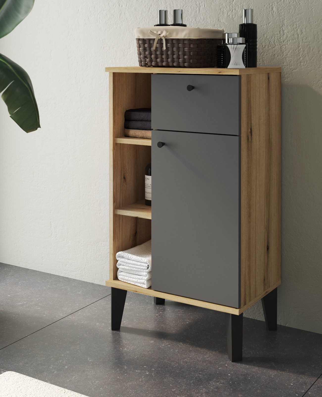 Furn.Design Badkommode Torsby (Badschrank in Evoke Eiche mit grau, 51 x 90 cm), mit 5 Fächern