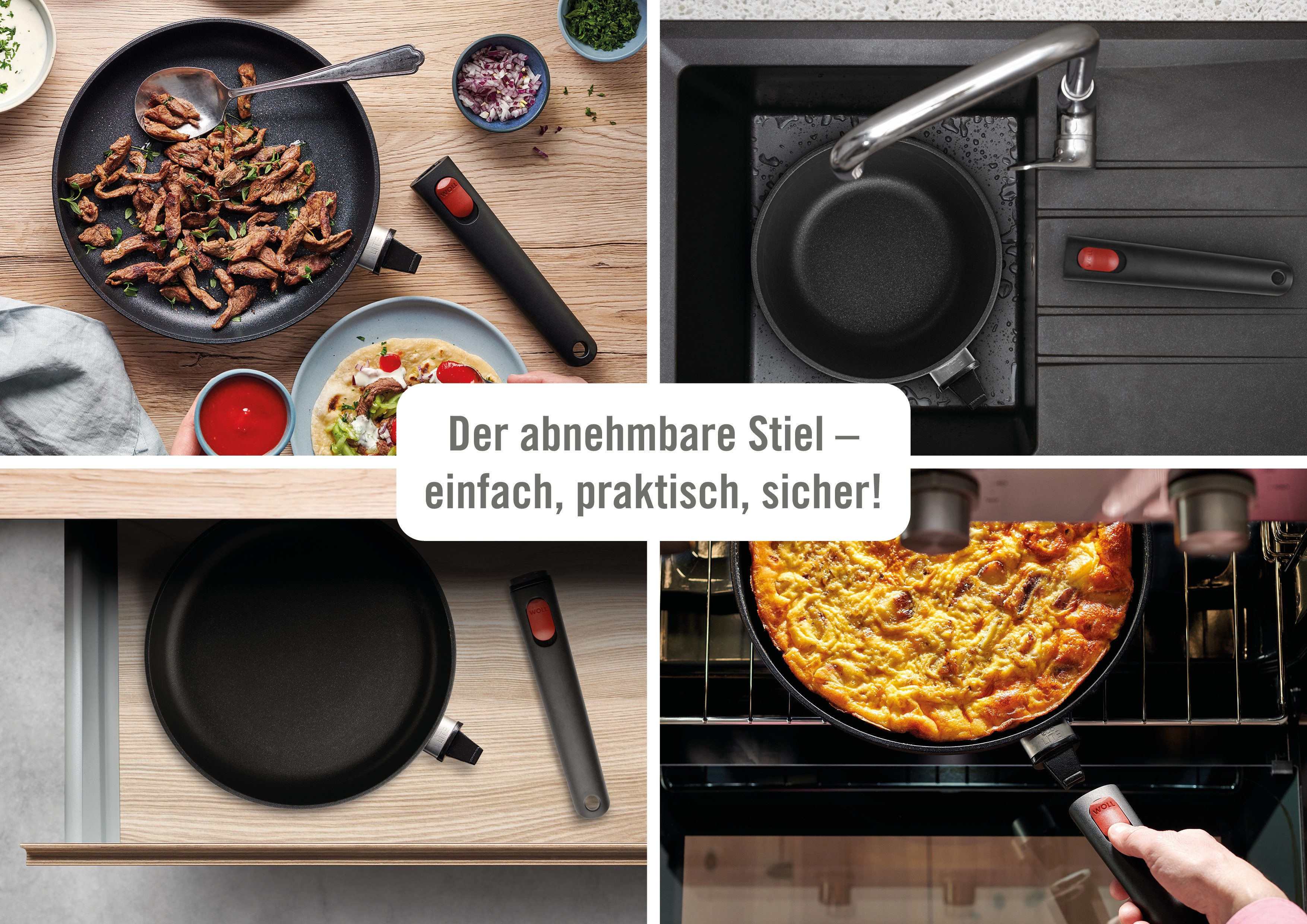 WOLL MADE IN GERMANY Pfannen-Set Eco Lite QXR, Aluminium (Set, 4-tlg), Abnehmbarer Stiel, Antihaftbeschichtet