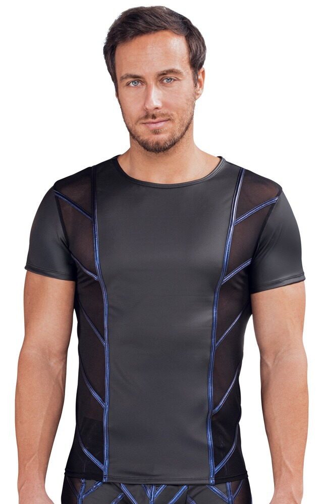 NEK Muskelshirt Kurzarmshirt halb transparent mit blauen Metallic-Streifen (1-tlg) Seitlich Netz-Einsätze, Stylische Streifen in Blue-Metallic