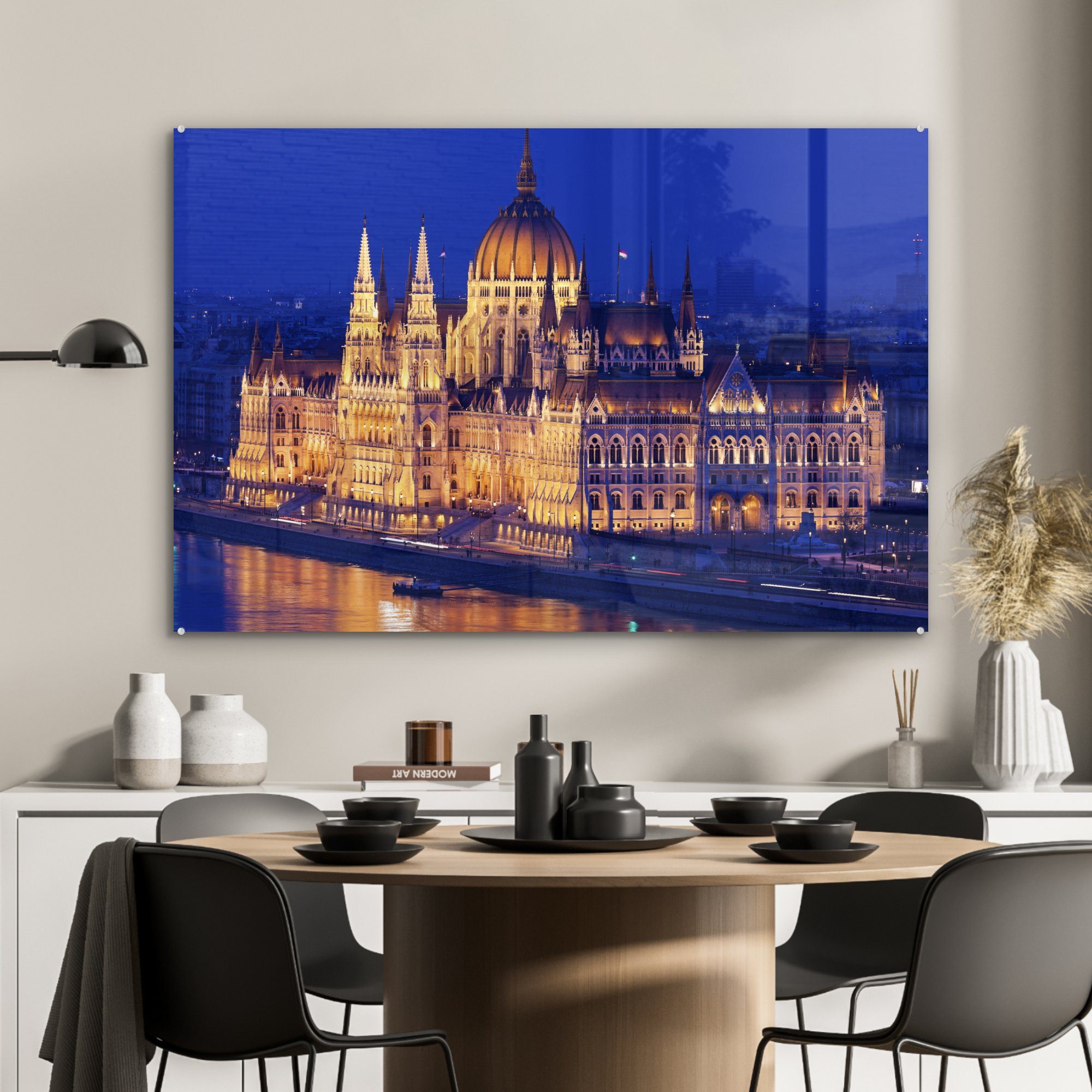 St), Acrylglasbilder MuchoWow Schlafzimmer (1 & beleuchteten des ungarischen Wohnzimmer Parlamentsgebäudes, Acrylglasbild Panorama