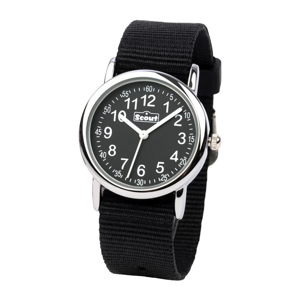 Scout Chronograph Schwarze Kinderuhr mit Edelstahlgehäuse und Textilarmband von Scout