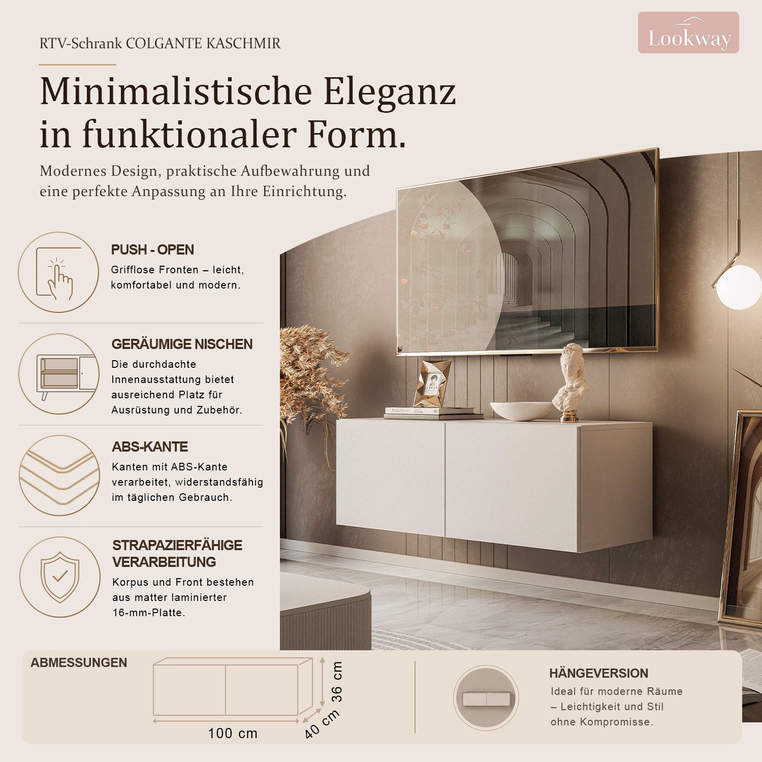 Lookway Lowboard COLGANTE KASCHMIR 100 cm Eleganter hängender TV-Schrank mit LED, 100x40x36 cm – Bild 3 von 5