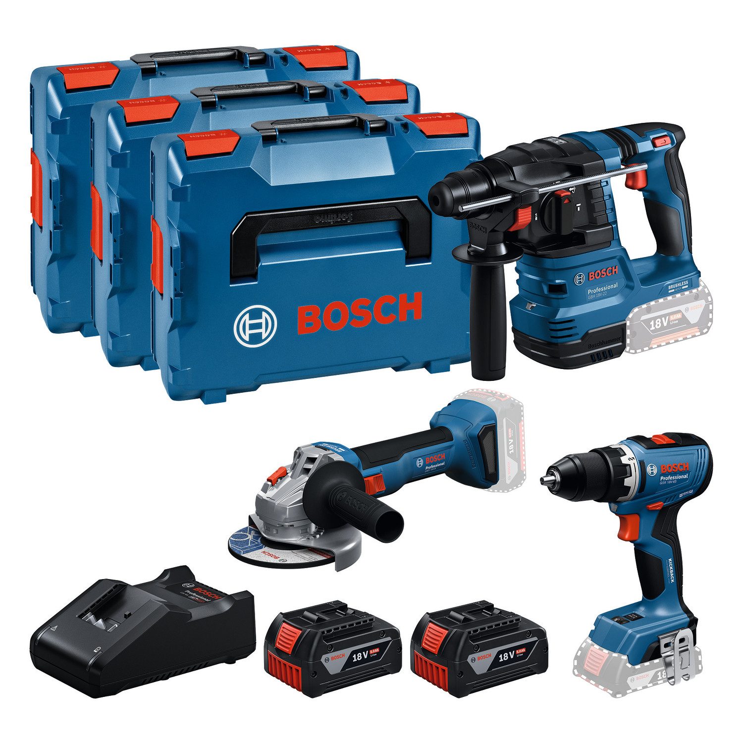 Bosch Professional Akku-Bohrschrauber Combo Kit 18V Profi-Set, inkl. Bohrhammer, Winkelschleifer, 2 Akkus, Lagegerät und 3 L-BOXXen