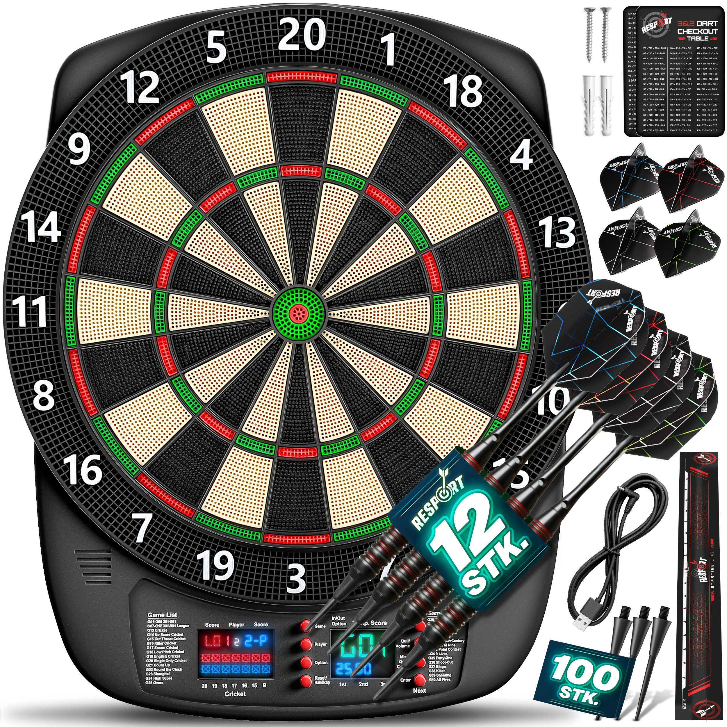 RE:SPORT Dartscheibe RE:SPORT® Elektronische Dartscheibe mit 12x darts, 24x flights, 1x, (100 Pfeilspitzen & Zubehör E Dartautomat für 1–8 Spieler, mit 427 Varianten Elektrisches Dartboard LED Anzeige), Elektronisch Profi Set mit 12 Pfeilen + 24 Pro Fligh