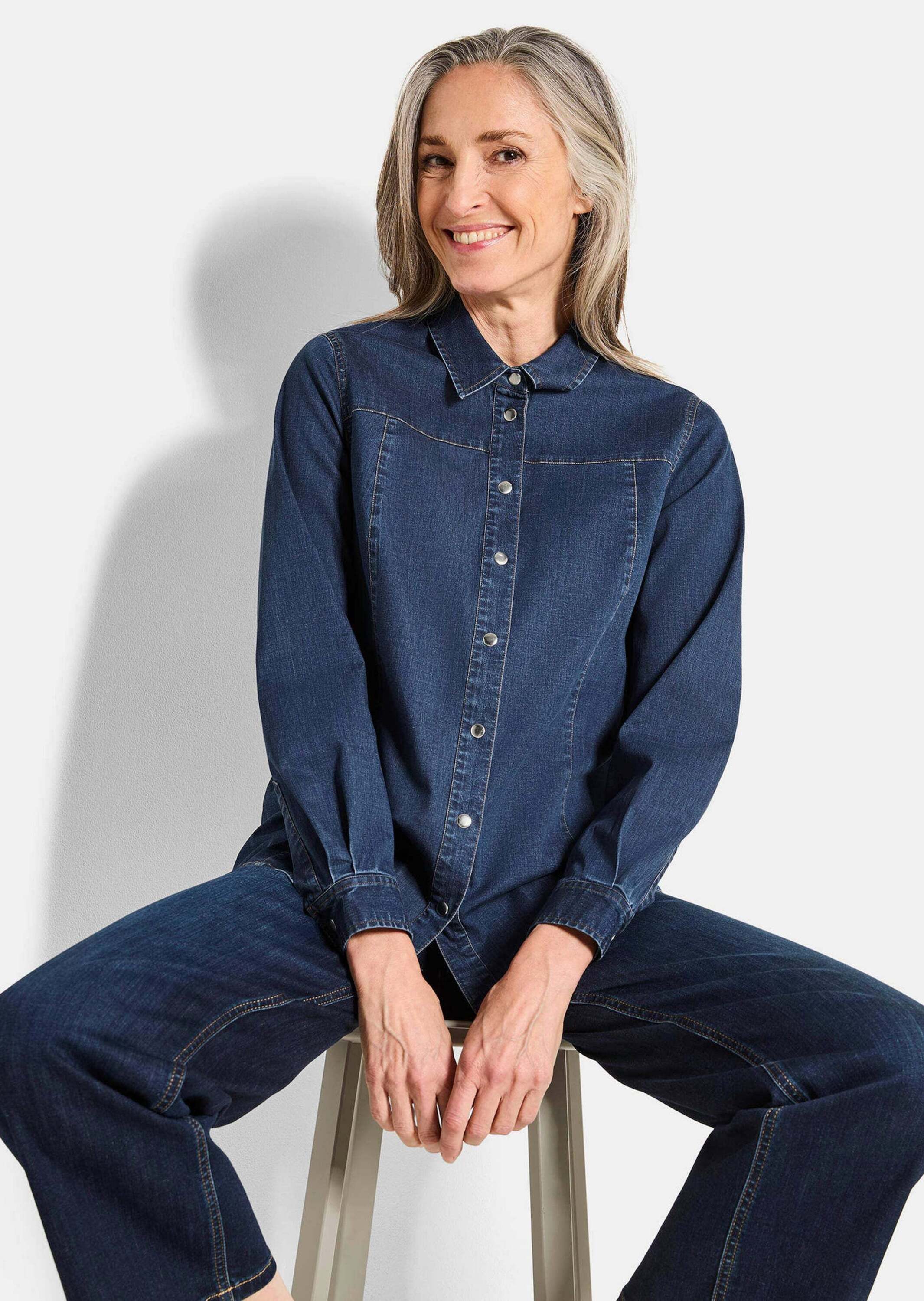 GOLDNER Hemdbluse Stilvolle Denim-Bluse mit Druckknöpfen Baumwollshirt mit Kontrastnähten, Hemdkragen und Langarm – Bild 4 von 5