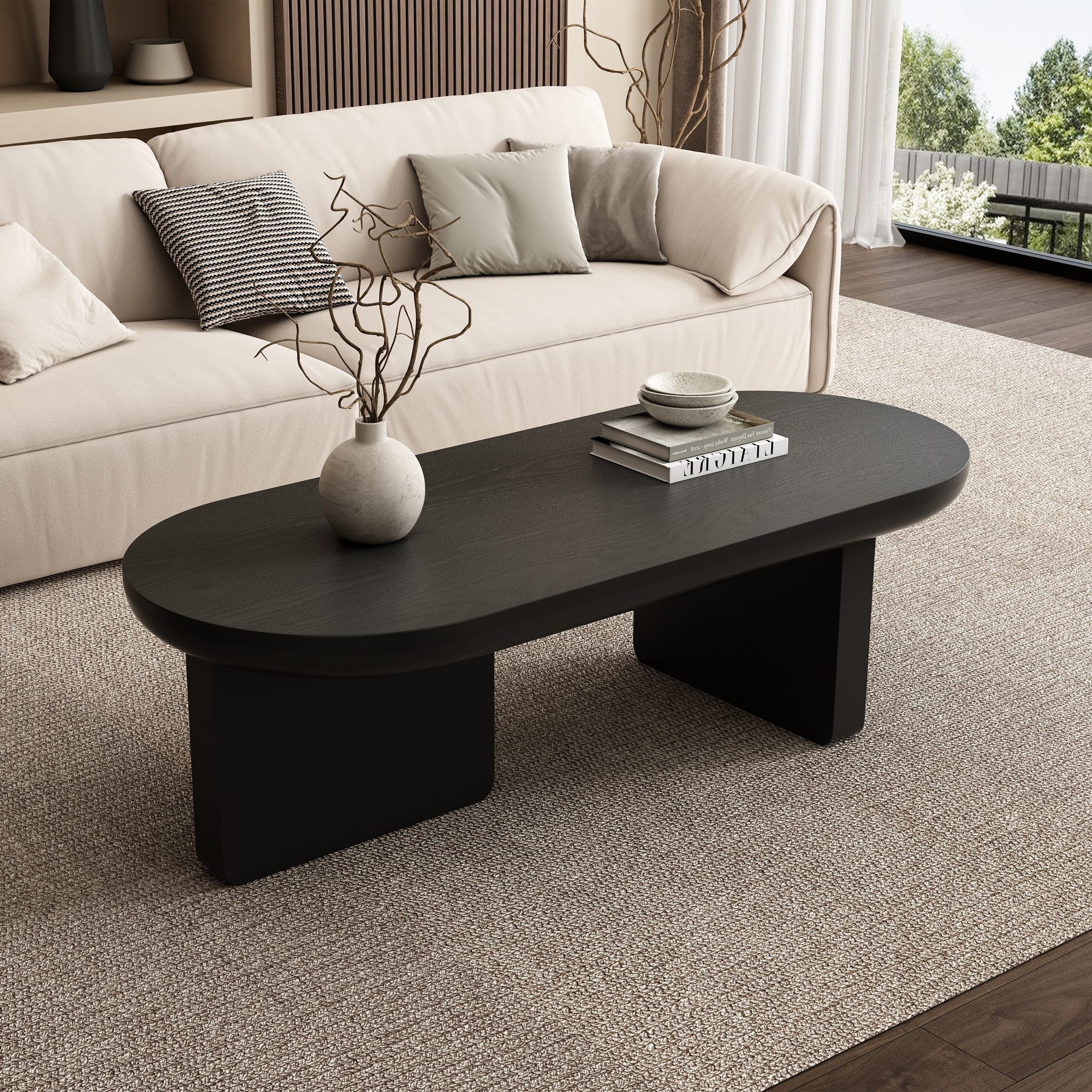 KLAM HOME Couchtisch Moderner ovaler Couchtisch minimalistischer Wohnzimmertisch Schwarz (Stabiler MDF Kaffeetisch praktische Ablage für Wohnräume), Vielseitiger Beistelltisch schlichte Optik für jeden Einrichtungsstil