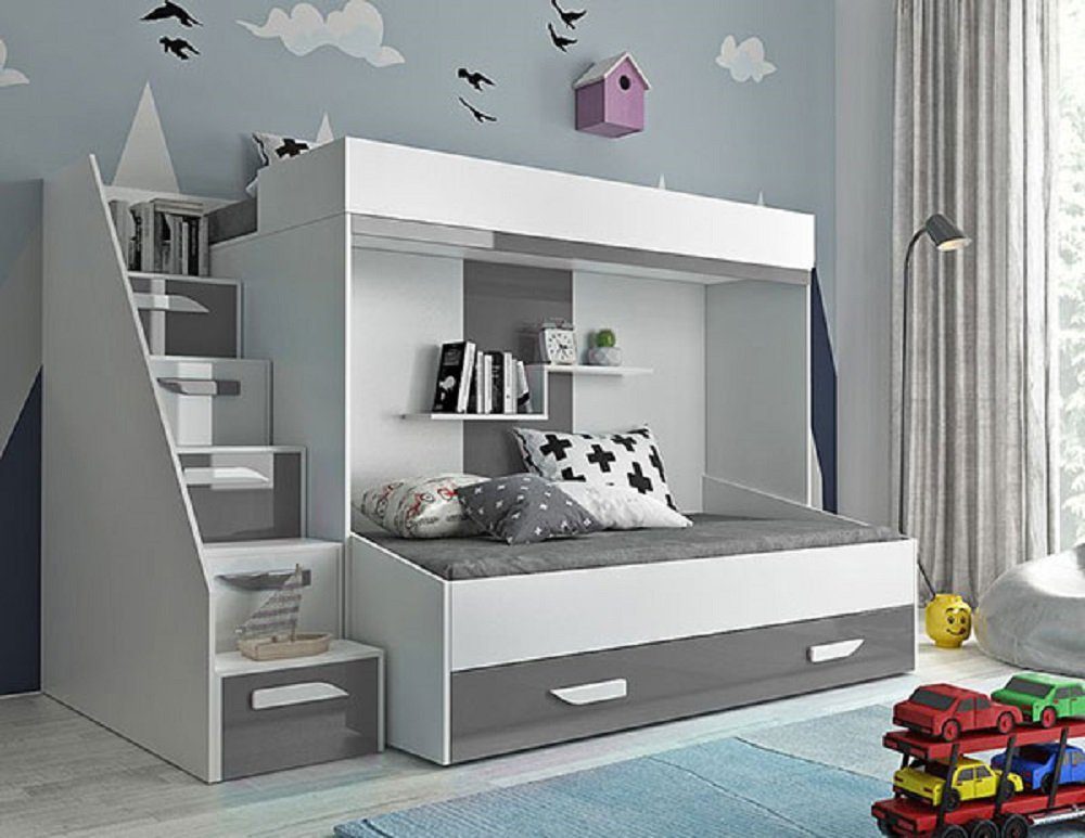 Feldmann-Wohnen Hochbett PARTY (Etagenbett, mit Bettschublade) Farbe wählbar weiß / grau Hochglanz - Griffe weiß / grau
