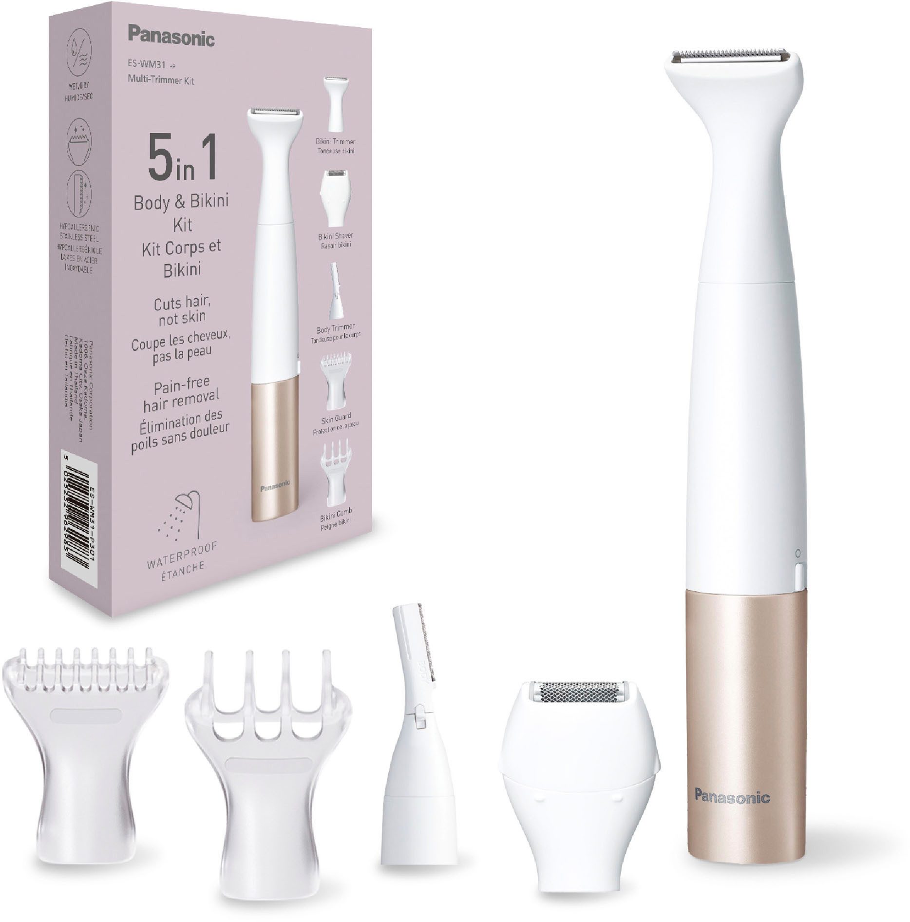 Panasonic Multifunktionstrimmer ES-WM31-P301, 5-in-1 Multi-Trimmer für Körper & Biknizone, Vielseitige Aufsätze, wet & dry, effiziente & schonende Rasur