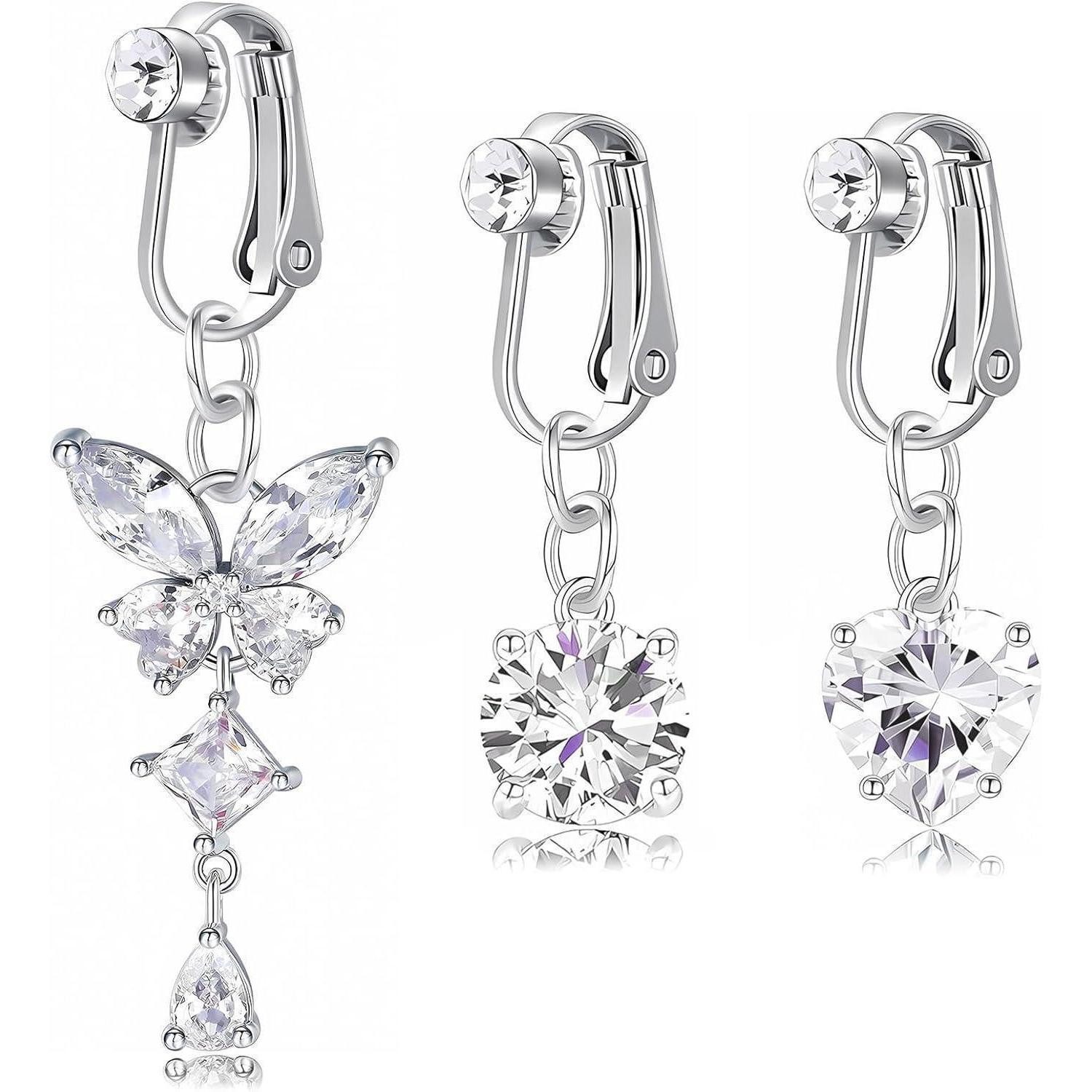 LOYEBOHU Bauchnabelpiercing-Set 3er Set Fake Bauchnabelpiercing Silber Zirkonia Schmetterling Herz