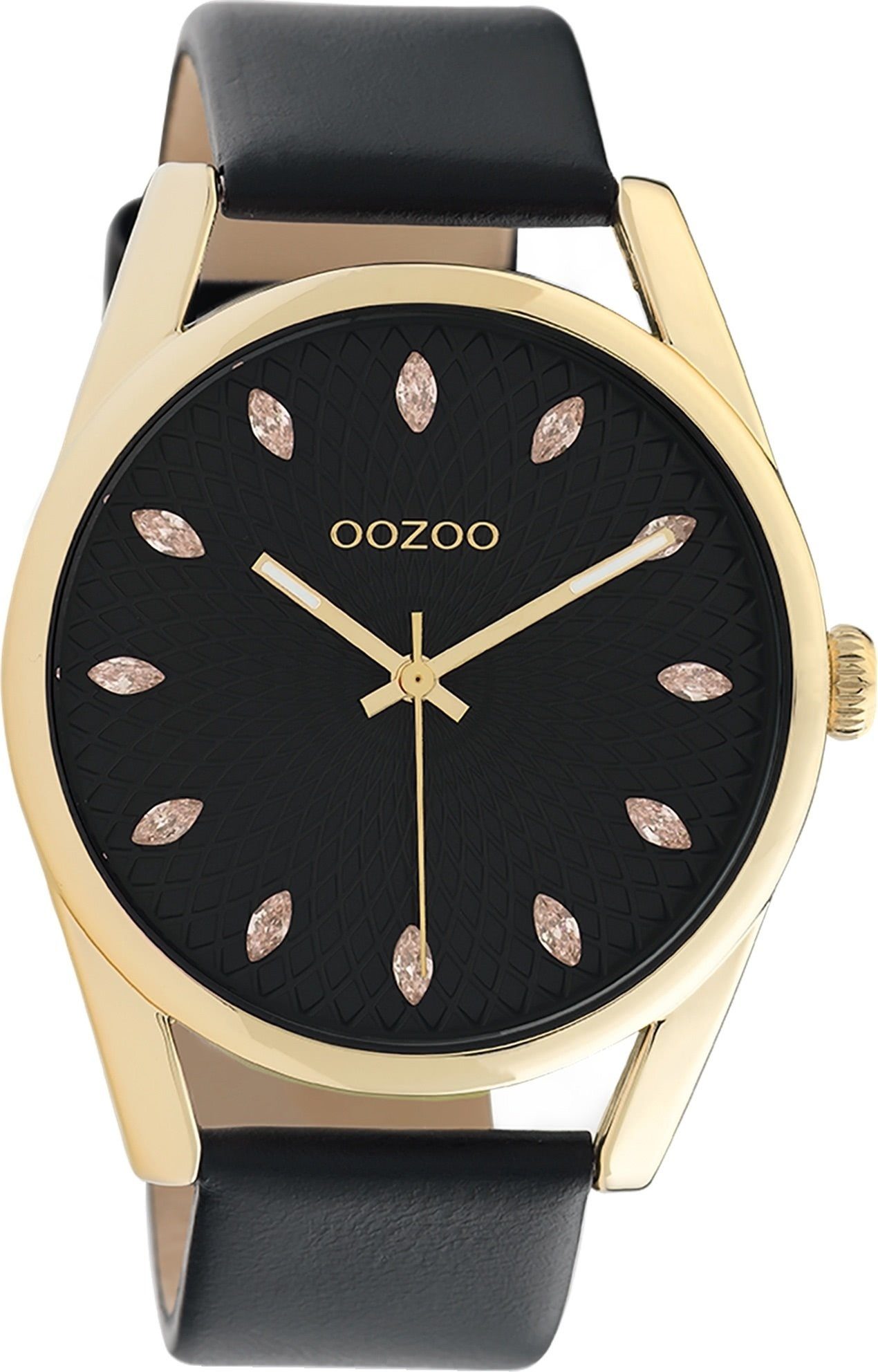 OOZOO Quarzuhr Oozoo Damen Armbanduhr OOZOO Timepieces, Damenuhr rund, groß (ca. 45mm), Lederarmband schwarz, Fashion