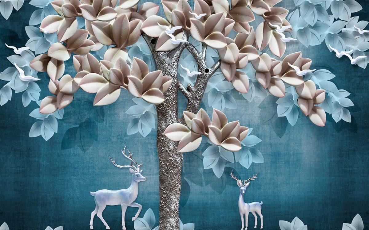 Papermoon Fototapete Muster mit Blumen und Hirschen