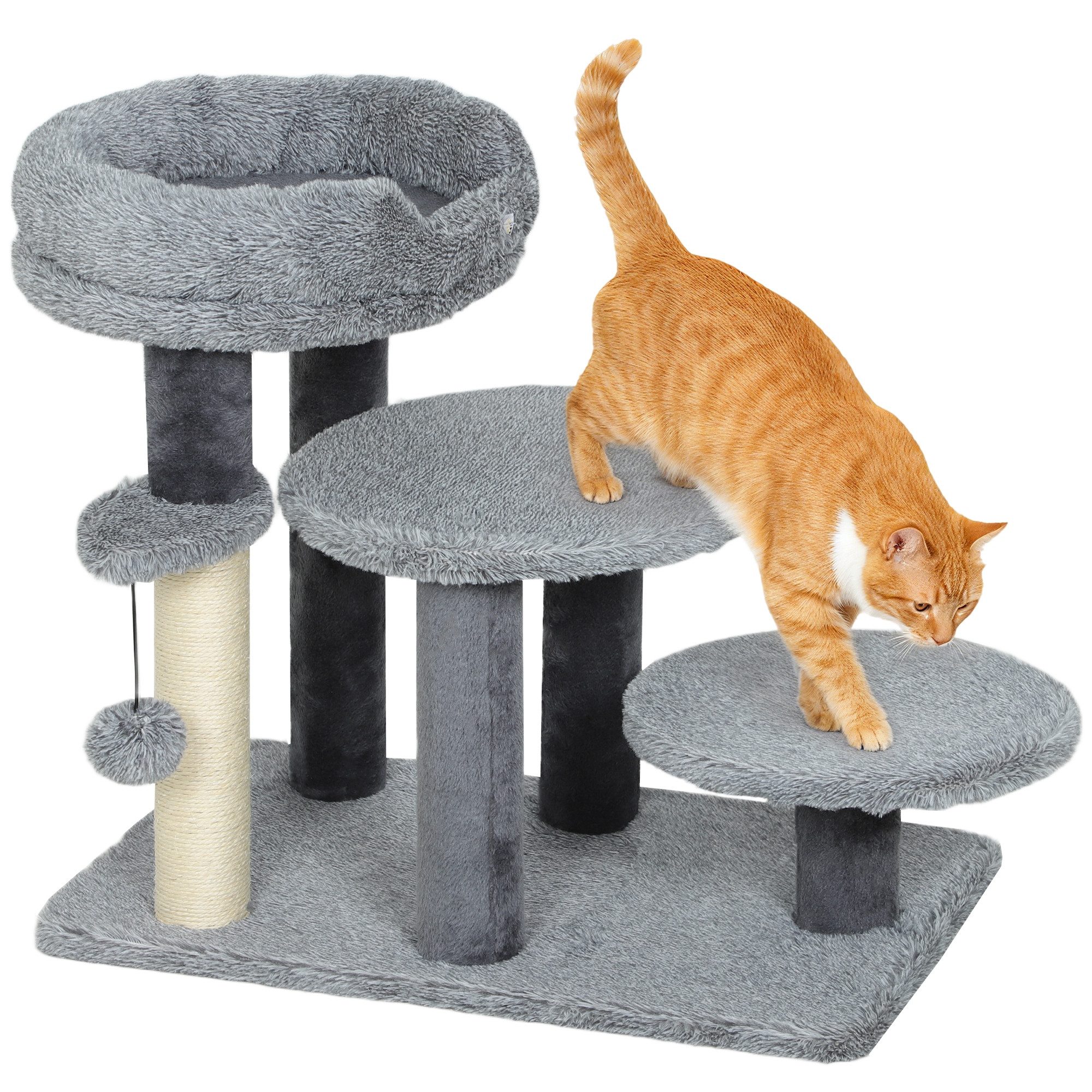 PawHut Haustiertreppe Dreistufiges Design (Tiertreppe, 1-St., Katzentreppe für Katzen bis 6 kg), Plüschstoff, Sisalkratzsäule, Grau