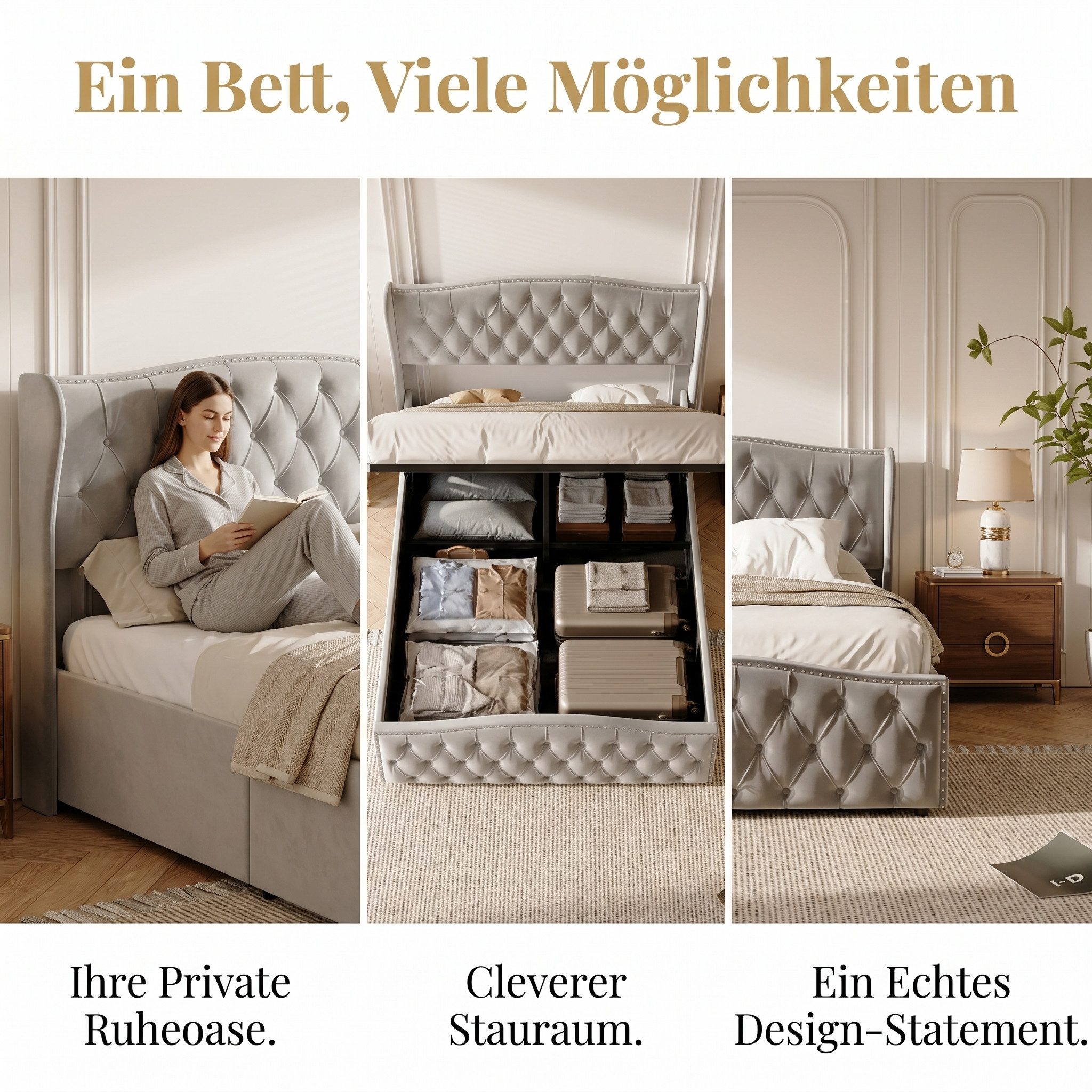 PXloue Polsterbett Hydraulisches Stauraumbett Doppelbett, mit Kopfteil und Lattenrost, Beige, Samt, 140x200 cm – Bild 4 von 5