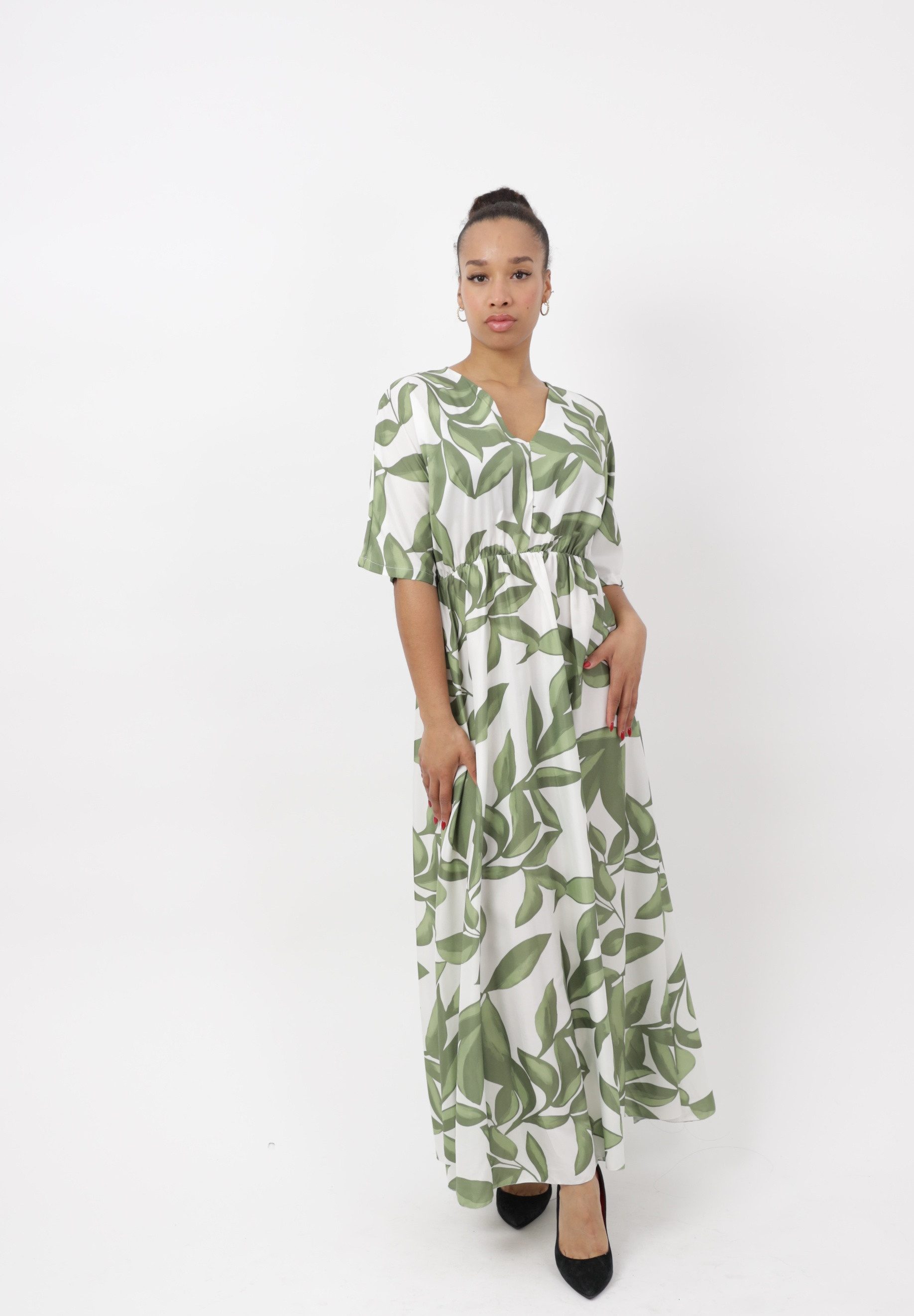Elara Maxikleid Damen Maxikleid mit Blattmuster, V-Ausschnitt und Halbärmeln (1-tlg) ohne Details
