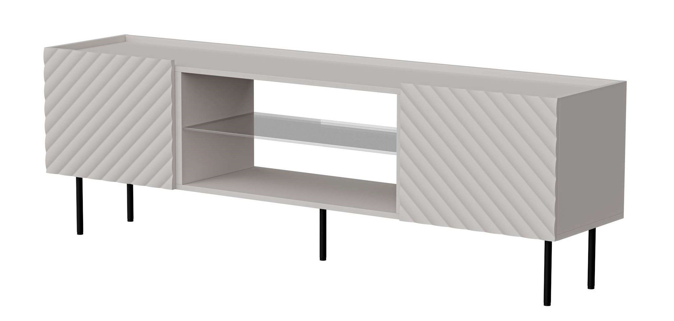 99rooms Lowboard Luzia (TV-Kommode, TV-Schrank), mit 2 grifflosen Türen, wahlweise mit/ohne Elektrokamin, Metall Füße