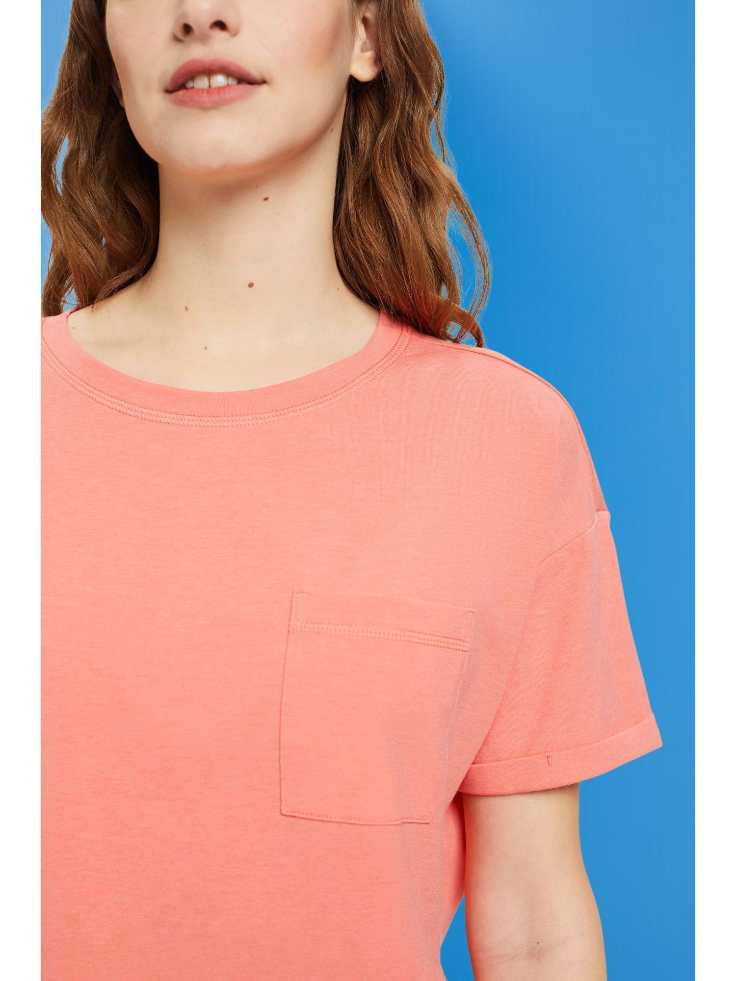 Esprit Pyjamaoberteil T-Shirt Baumwoll-Mix Brusttasche aus mit CORAL