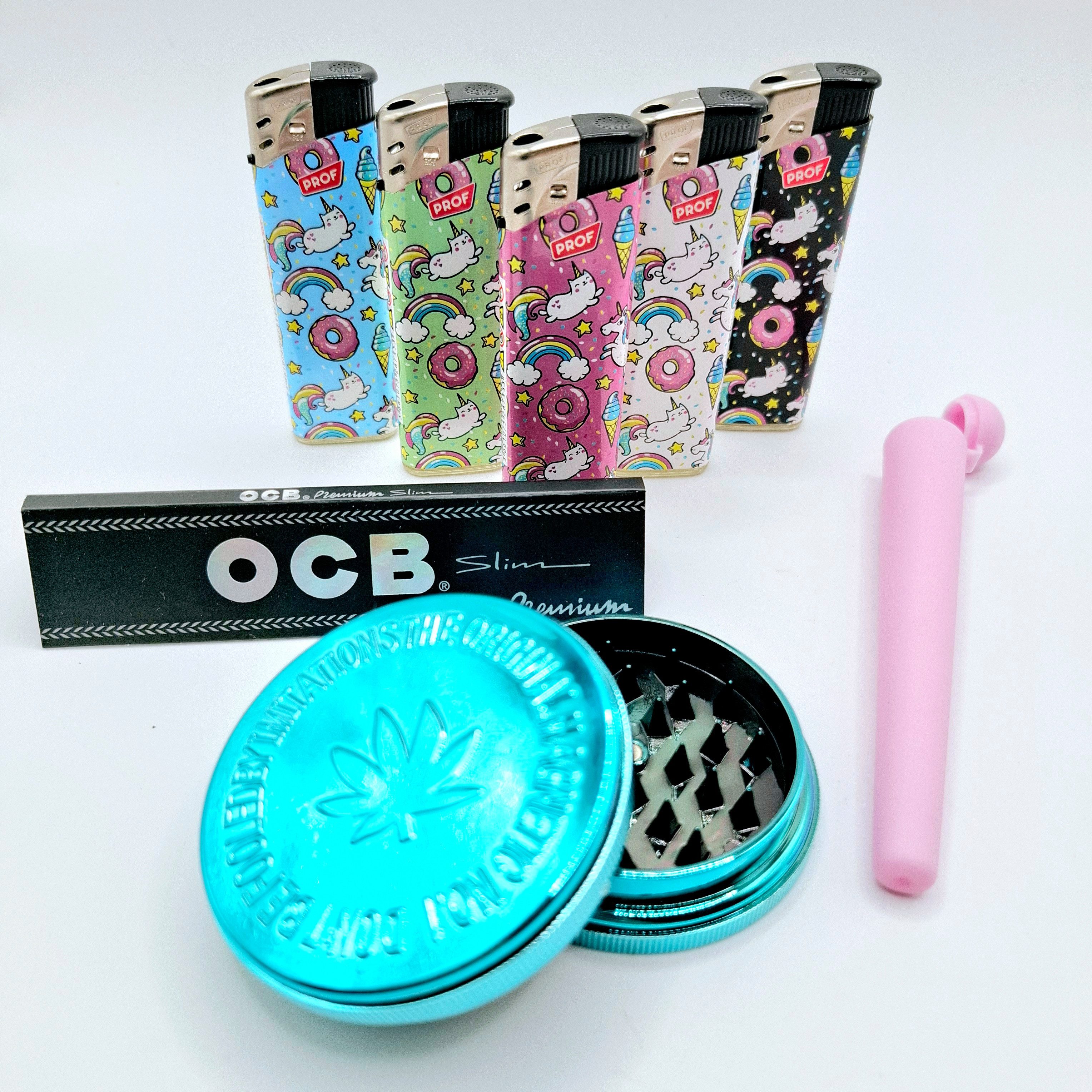 meytrade Feuerzeuge Girls Set: 6mm Gizeh Filter pink, OCB Blättchen, Jointhülle, Grinder, pink all in one