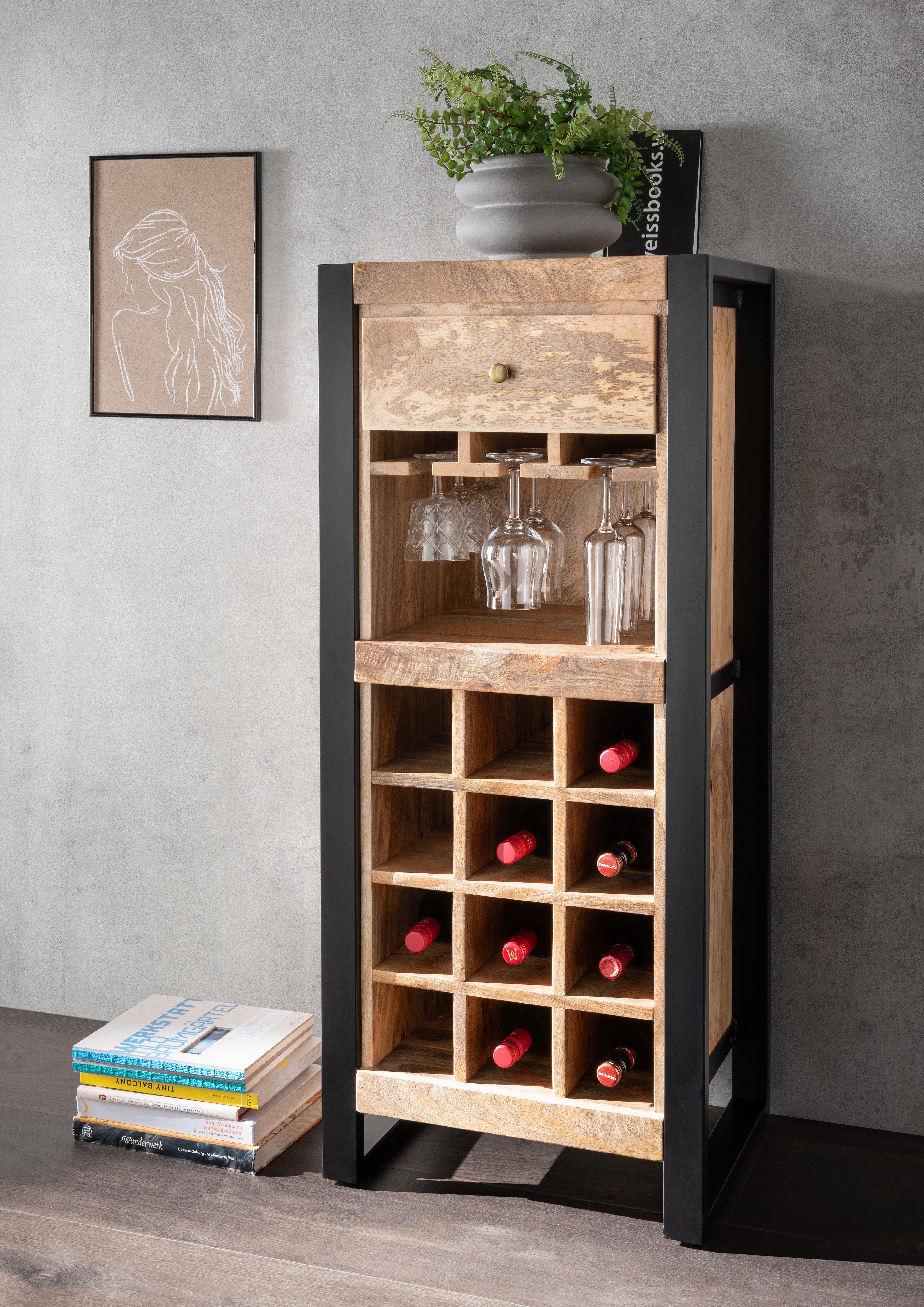 MR.DEKO Kommode Fontana Mango – Weinregal aus Massivholz, 51x40x120 cm, vintage (Barregal mit Weinglashalter & Flaschenfächern)