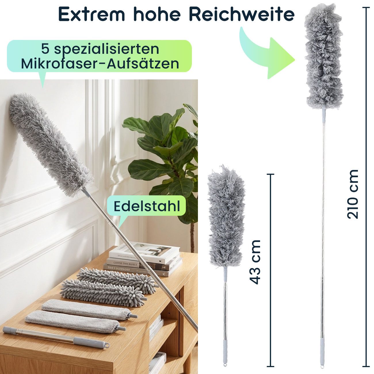 shop'n smile ideoon Staubwedel 5in1 Staubwedel-Set 210cm-ausziehbarer Teleskopstange 5 Aufsätze, Biegsamer Mikrofaser-Staubwischer für Möbel, Ventilatoren & Ecken