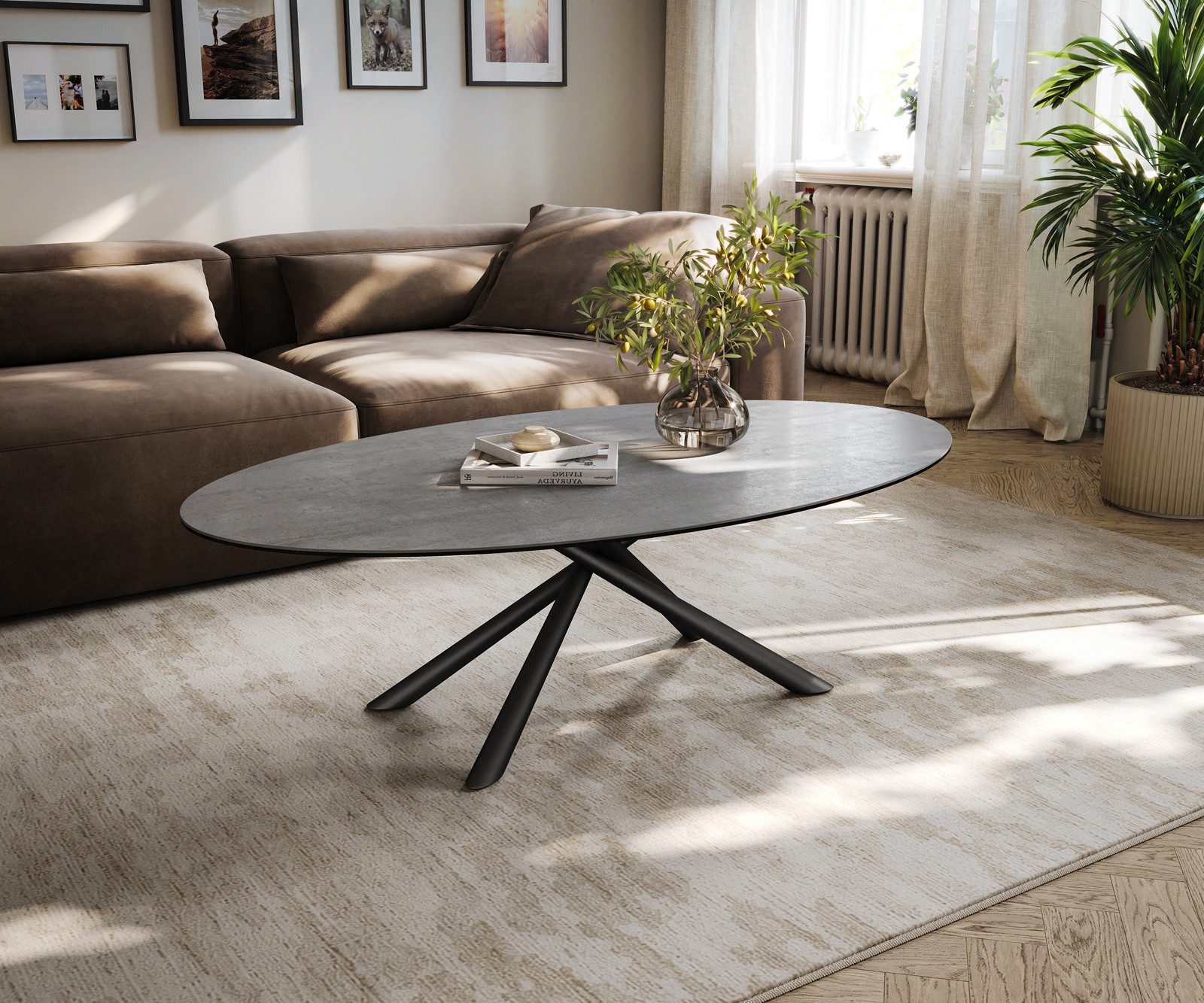 DELIFE Couchtisch Edge, Oval 140x80 cm Keramik Beton Grau Sarity Metall Schwarz