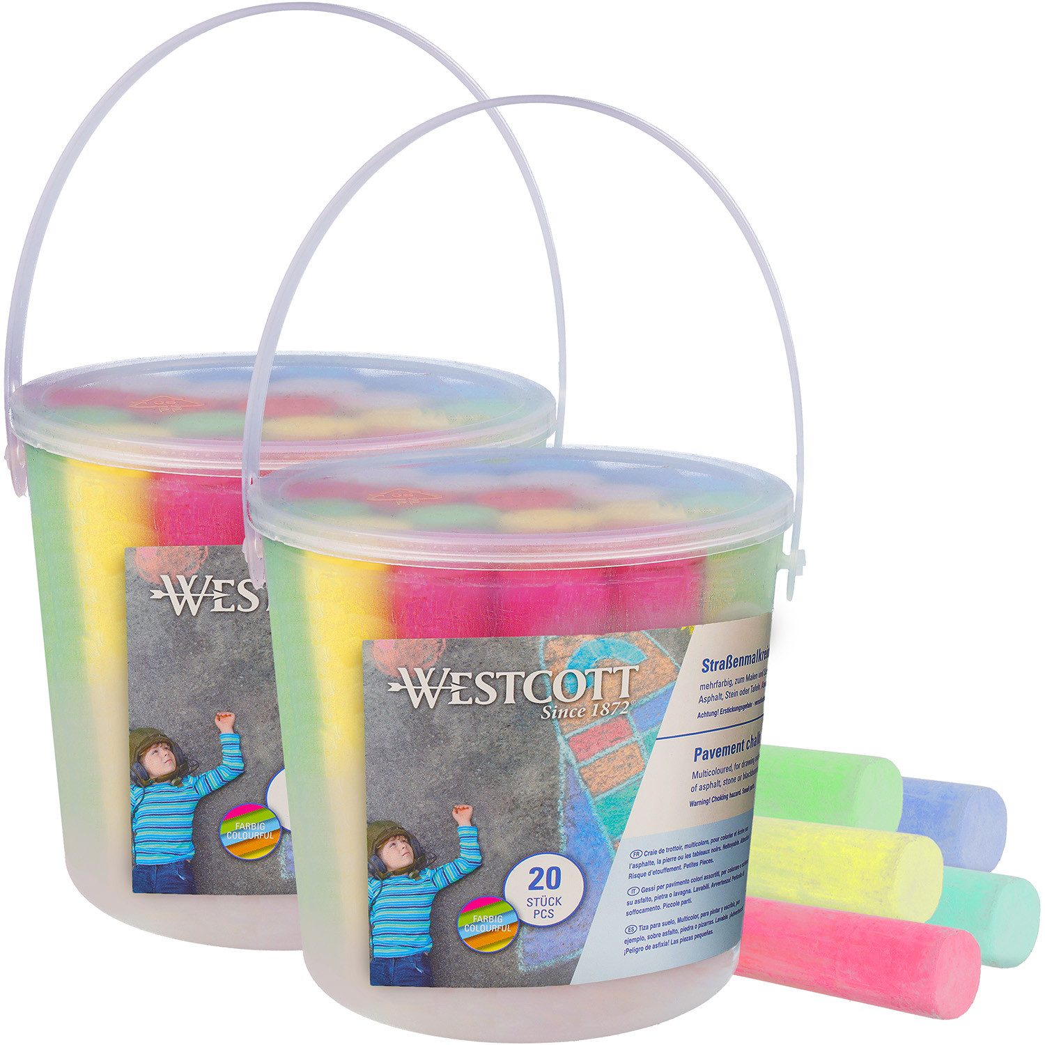 WESTCOTT Malkreide Straßenmalkreide (2er Set), 2 x 20 Stück Straßenkreide für Kinder, (Vorteilspack, 2-tlg), leicht abwaschbar
