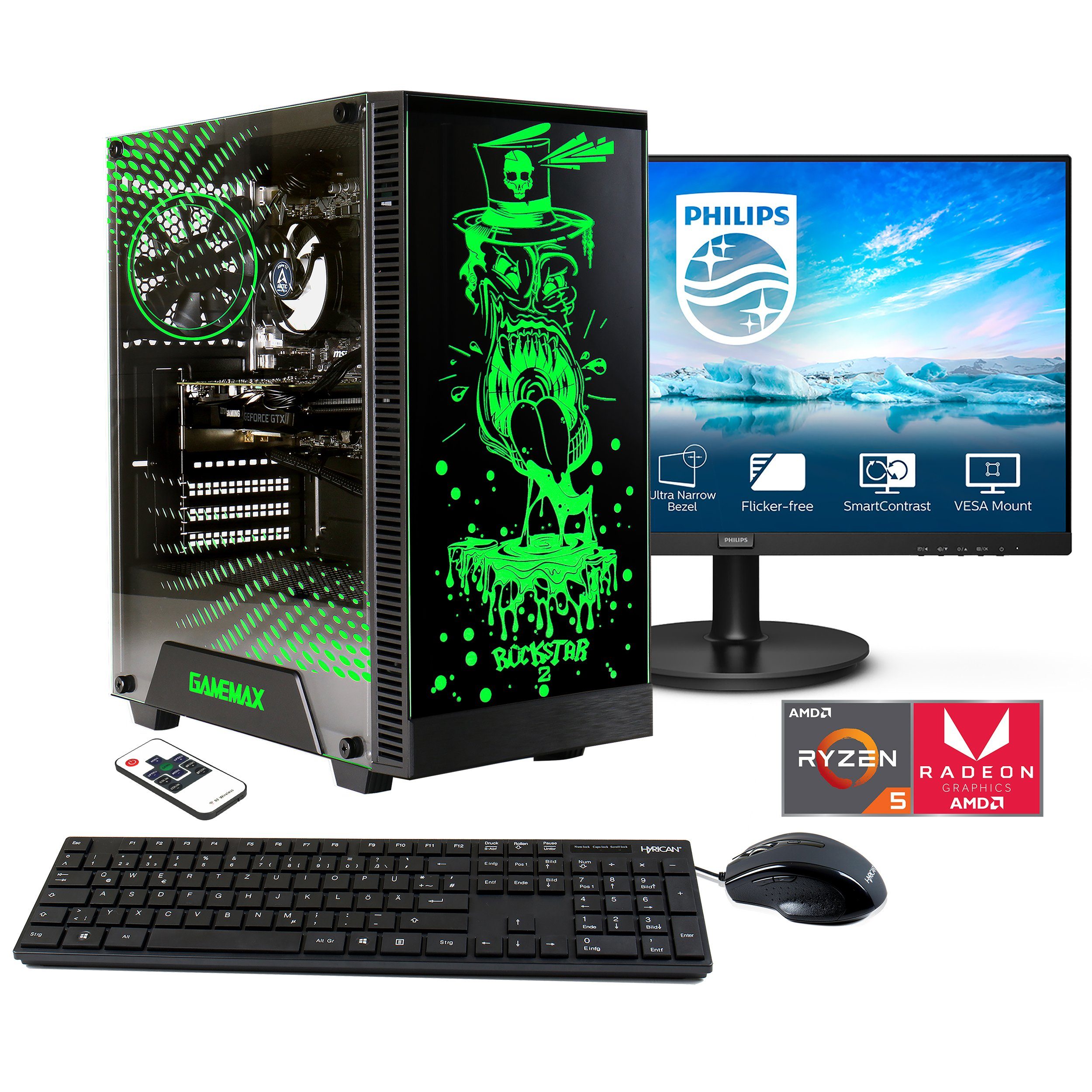 Hyrican Rockstar SET02160 Gaming-PC-Komplettsystem (23,8", AMD Ryzen 5 5600G, Radeon Graphics, 16 GB RAM, 1000 GB SSD, Windows 11, inklusive 24" Monitor Philips 241V8LA)