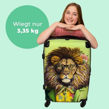 NoBoringSuitcases.com© Koffer Löwe - Mensch - Tier - Brille - Blumen 67x43x25cm, 4 Rollen, Mittelgroßer Koffer für Erwachsene, Reisekoffer