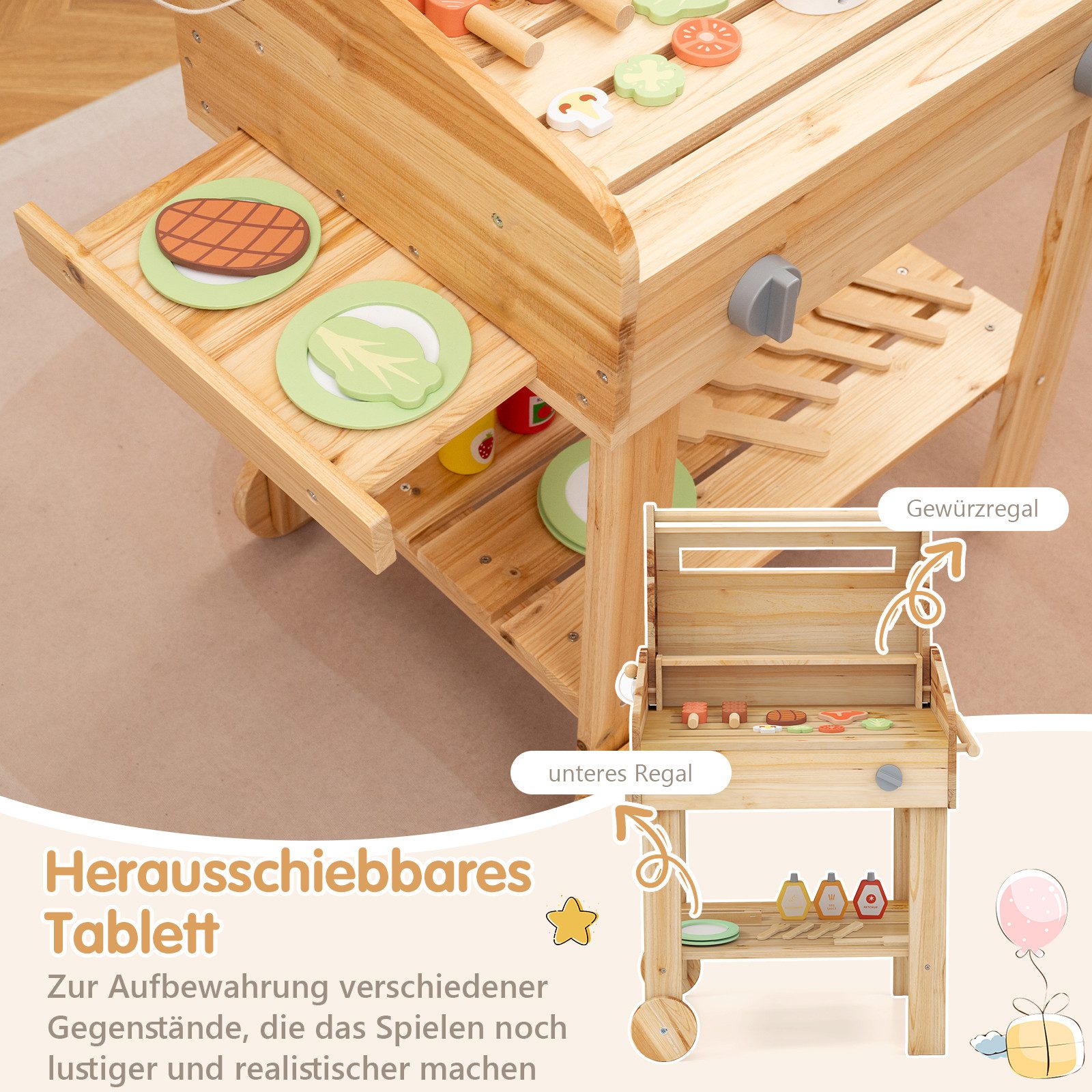 KOMFOTTEU Kinder-Grill, Spielset mit Spielzeugessen, für Kinder ab 3 Jahren
