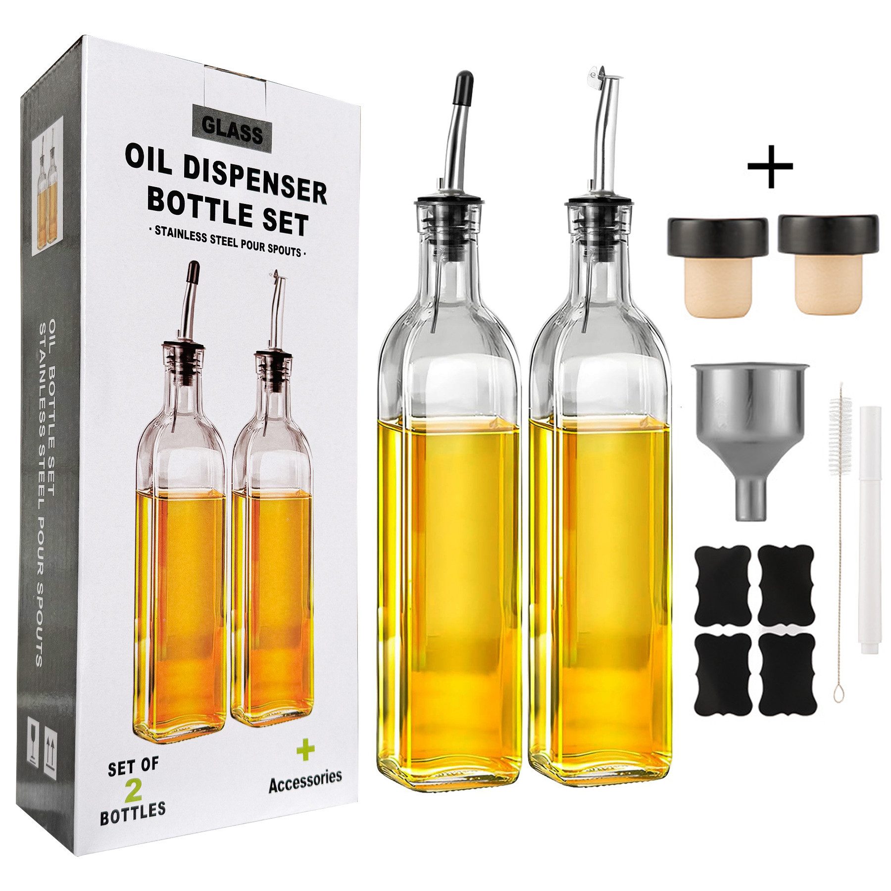 Mutig Ölspender Ölflasche, 2 Packung mit 500ML Essig und Ölspender Set mit Trichter, (mit Trichter, Antifouling-Abdeckung, Etikett, Edelstahl-Ausgießern, Olivenöl Flasche Essig und Ölflaschen Set, 17OZ Ölflasche), für Küche BBQ, ideal zum Halten von Öl, E