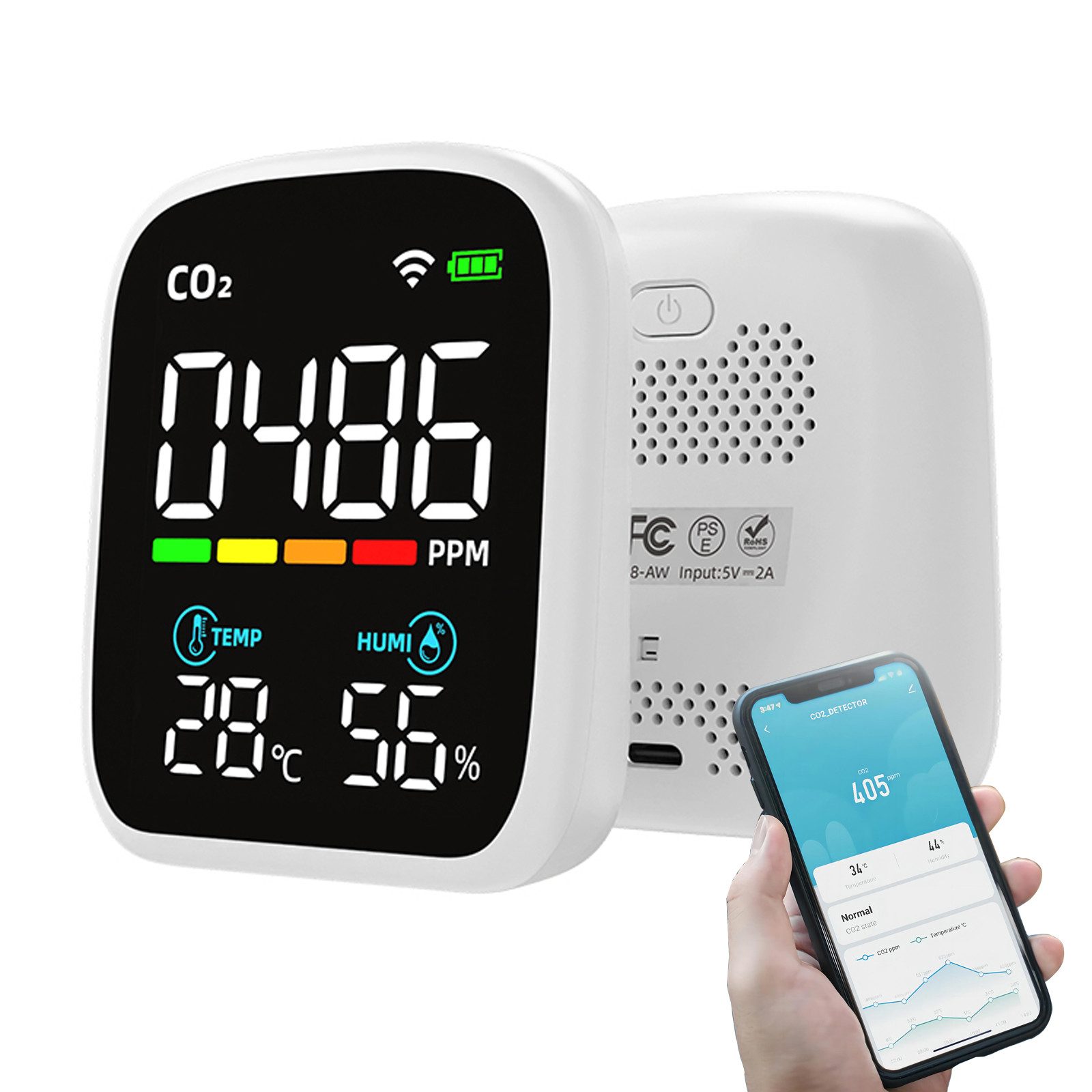 Raumluft-Qualitätssensor CO2 Messgerät WLAN, Luftqualität Melder Kohlendioxidmessung Warnmelder